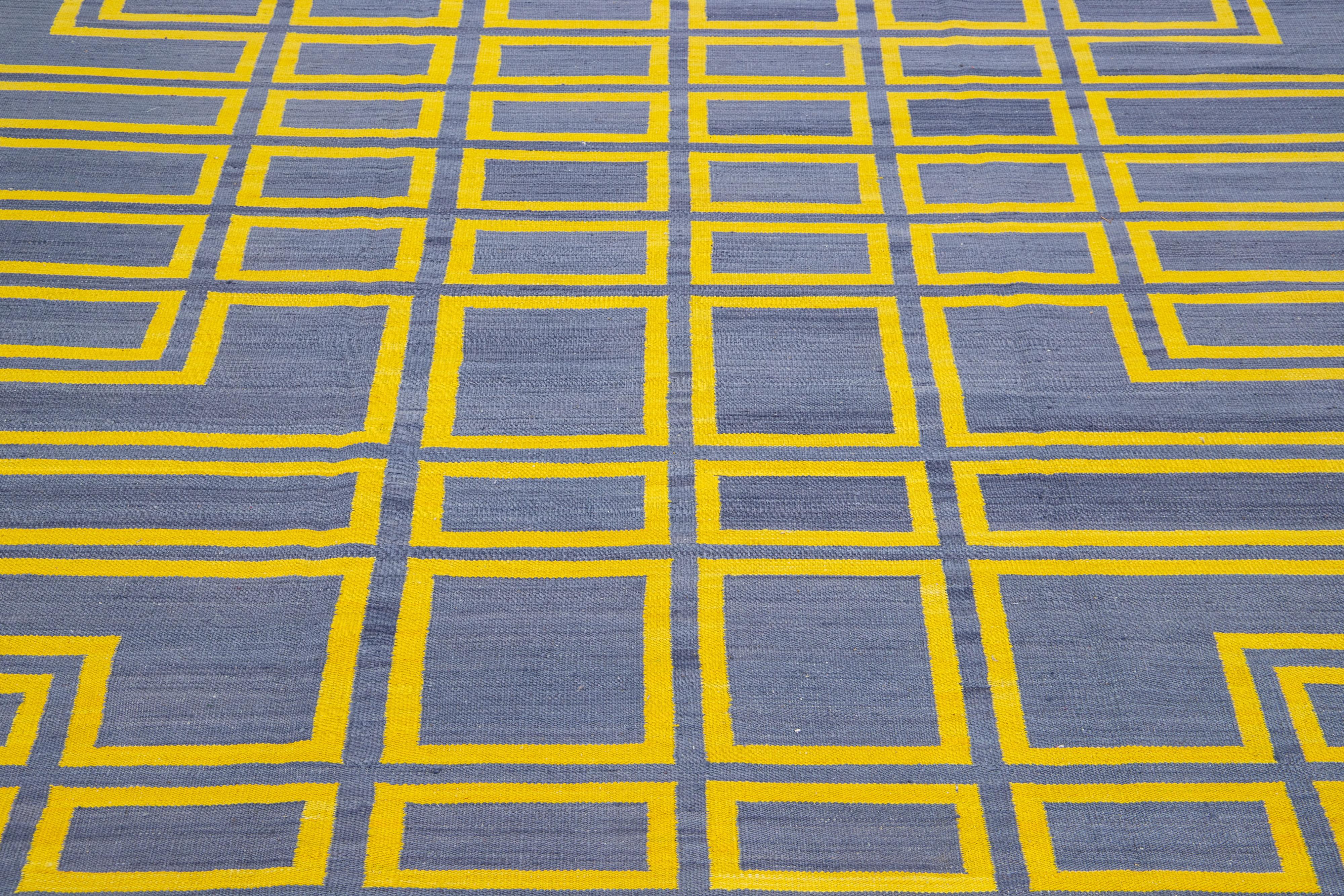 Gray & Yellow Flatweave Kilim Turkish Wool Rug with Geometric Motif For Sale 1