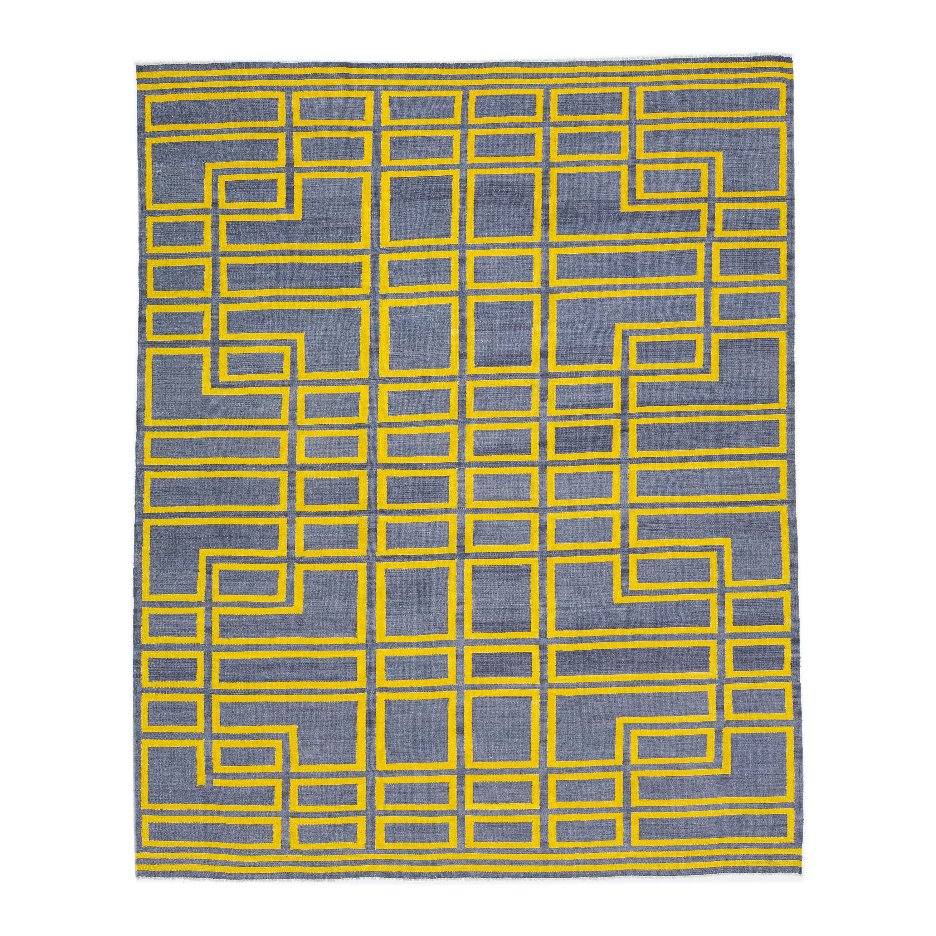 Türkischer Flachgewebe-Kelim-Teppich aus Wolle mit geometrischem Motiv in Grau & Gelb