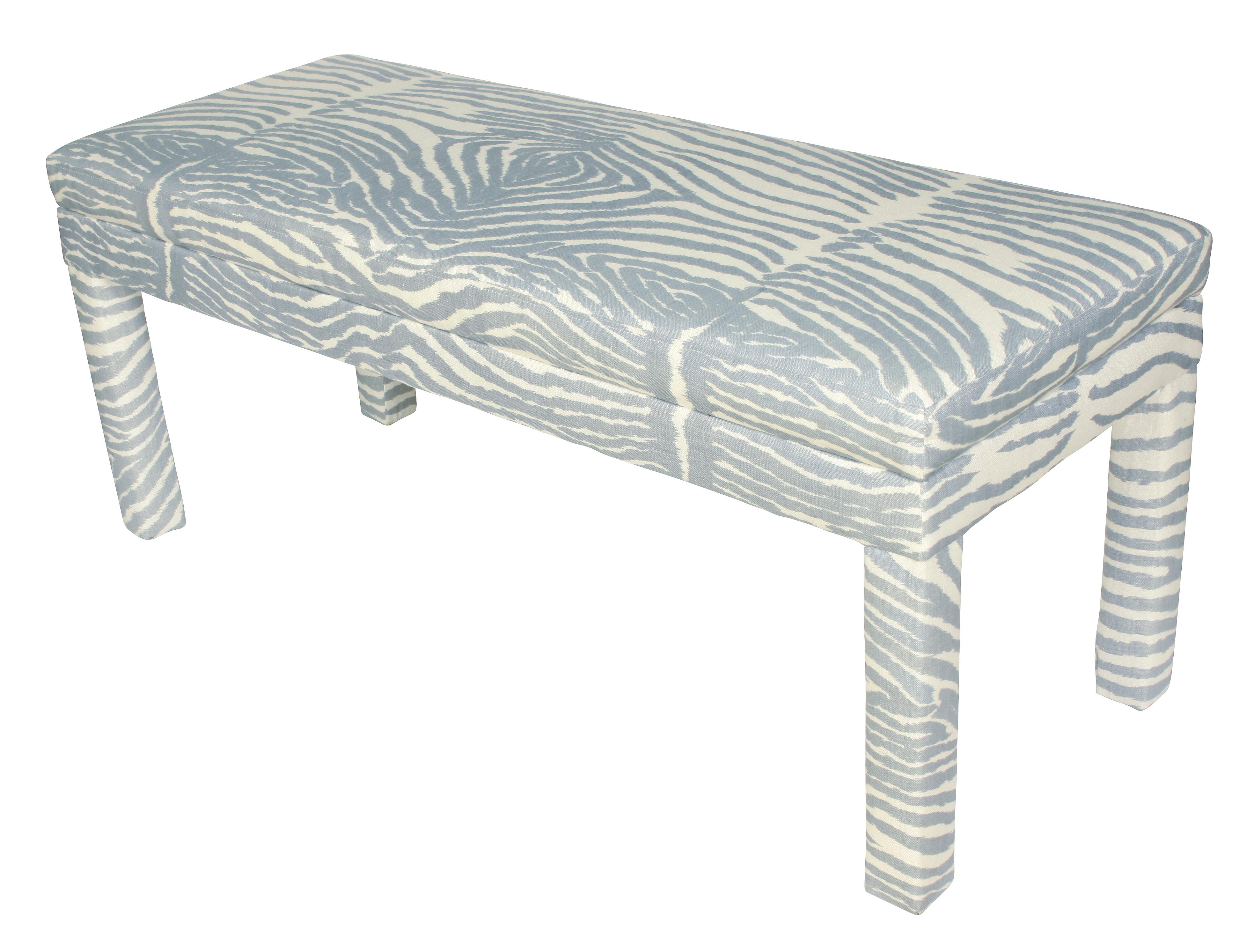 Midcentury bench newly upholstered in gray zebra fabric, a chic addition to any room.