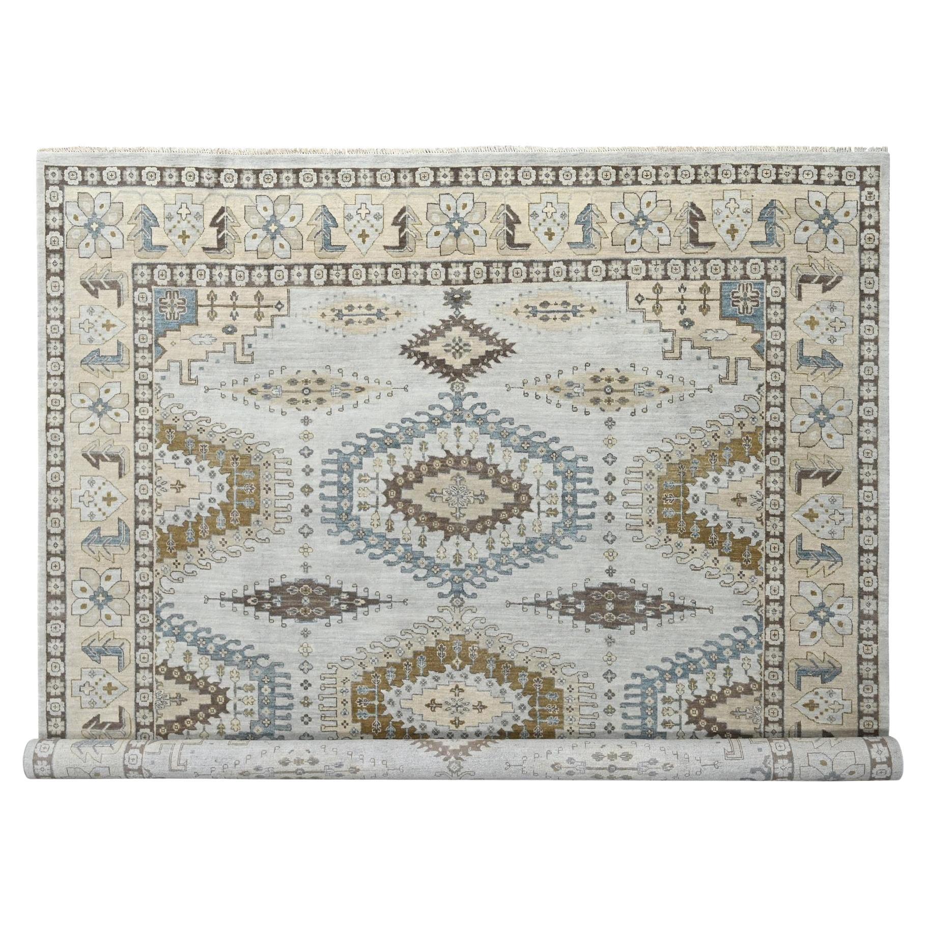 Gray Zoroastrian Village Geometric Design Wool Hand Knotted Square Rug 10'x10'
