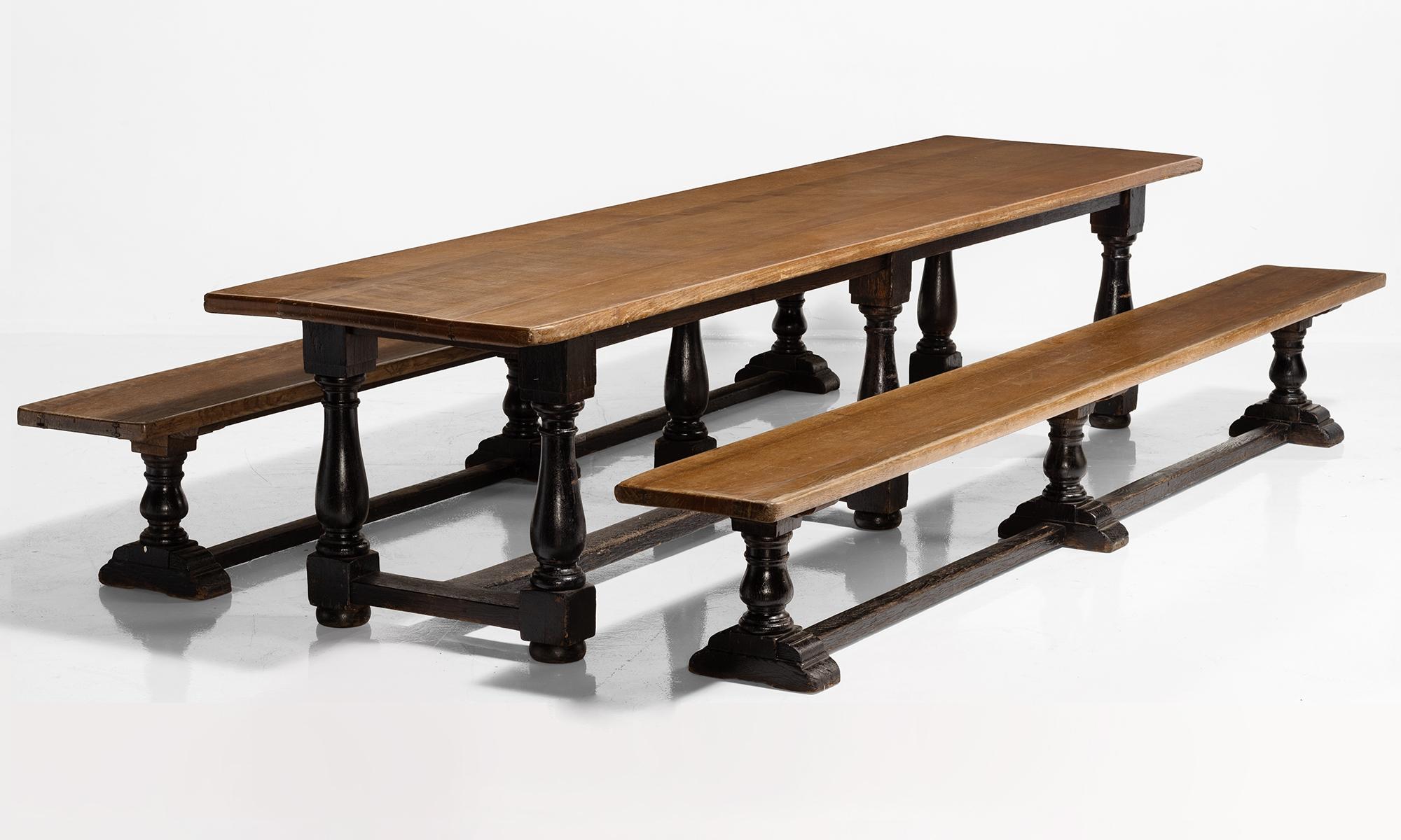 Gray’s Inn dining set, England, 19th century.

Substantial dining table in solid oak with pair of matching benches.

Measures: Table: 137.75” W, 32.5” D, 30” H

Bench: 138” W, 14.75” D, 17.5” H.