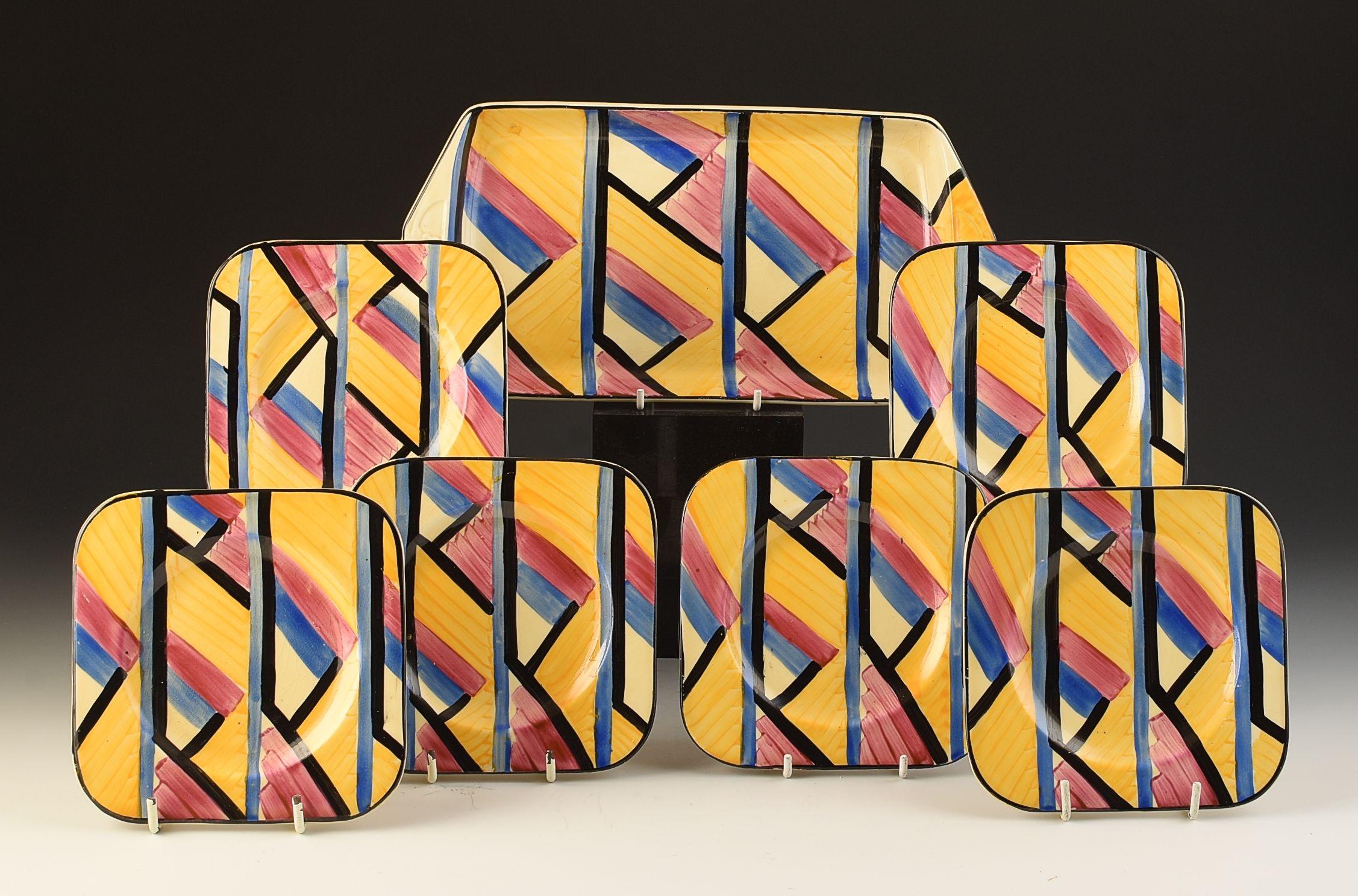 A fantastic Grays pottery sandwich set in one of the rarest and best of the abstract designs they produced. this set will date to 1930 and is a vibrant, superbly decorated example. All pieces are in excellent condition and i can GUARANTEE no damage