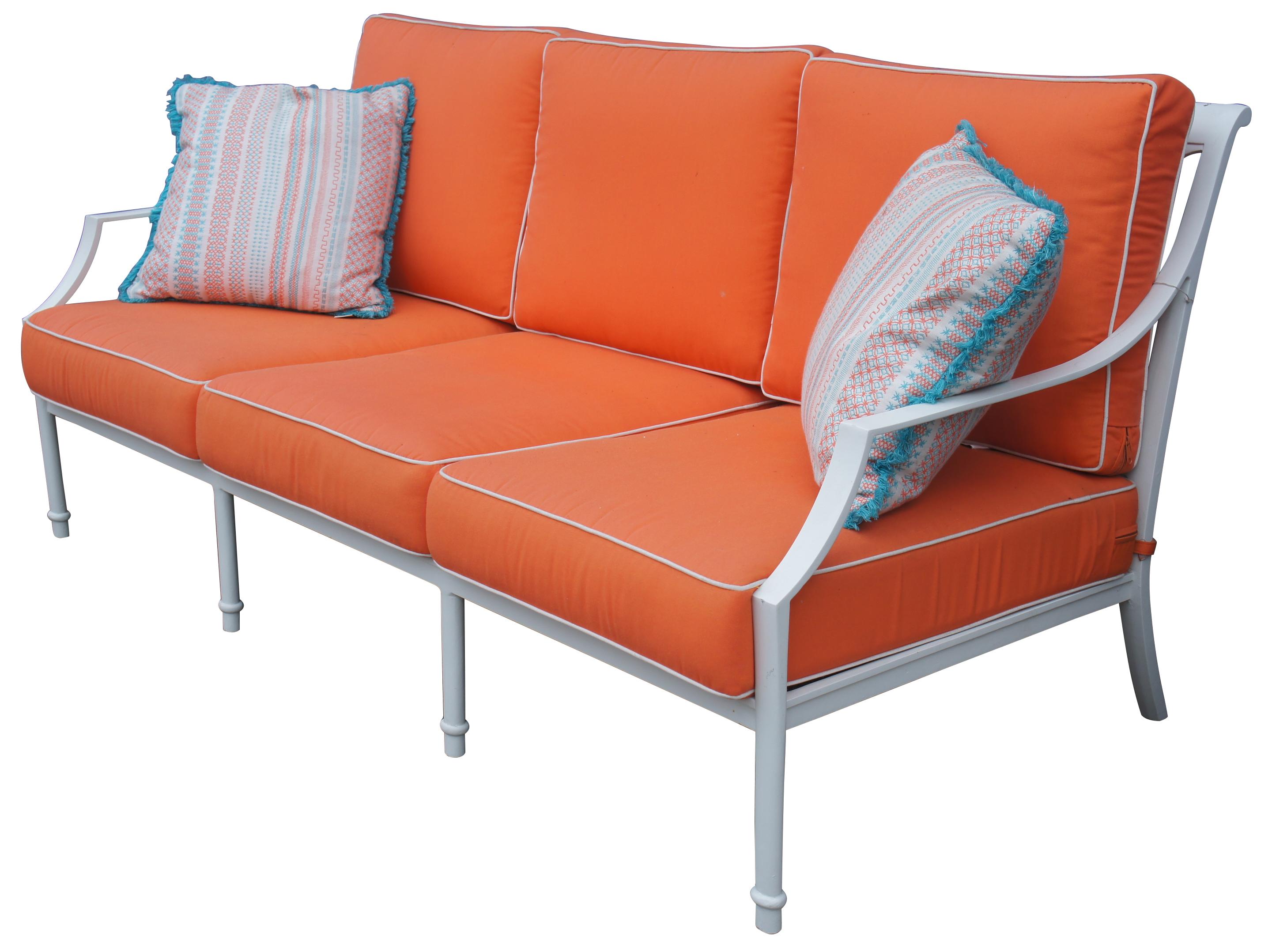 Grayson French inspired aluminum sofa with orange cushions and lattice back 28070

The perfect garden party. That’s what Grayson calls to mind. This timeless seating collection is elegant without being fussy, with a high lattice back and airy