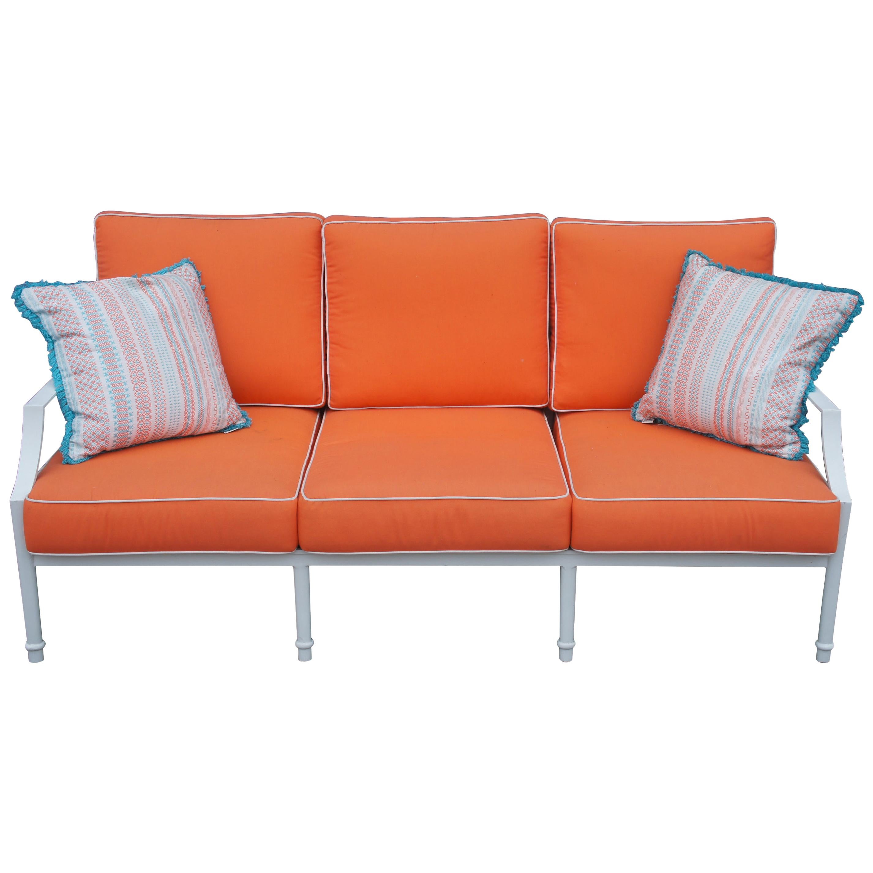 Grayson French Inspired Aluminum Sofa with Orange Cushions & Lattice Back 28070