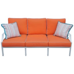 Vintage Grayson French Inspired Aluminum Sofa with Orange Cushions & Lattice Back 28070