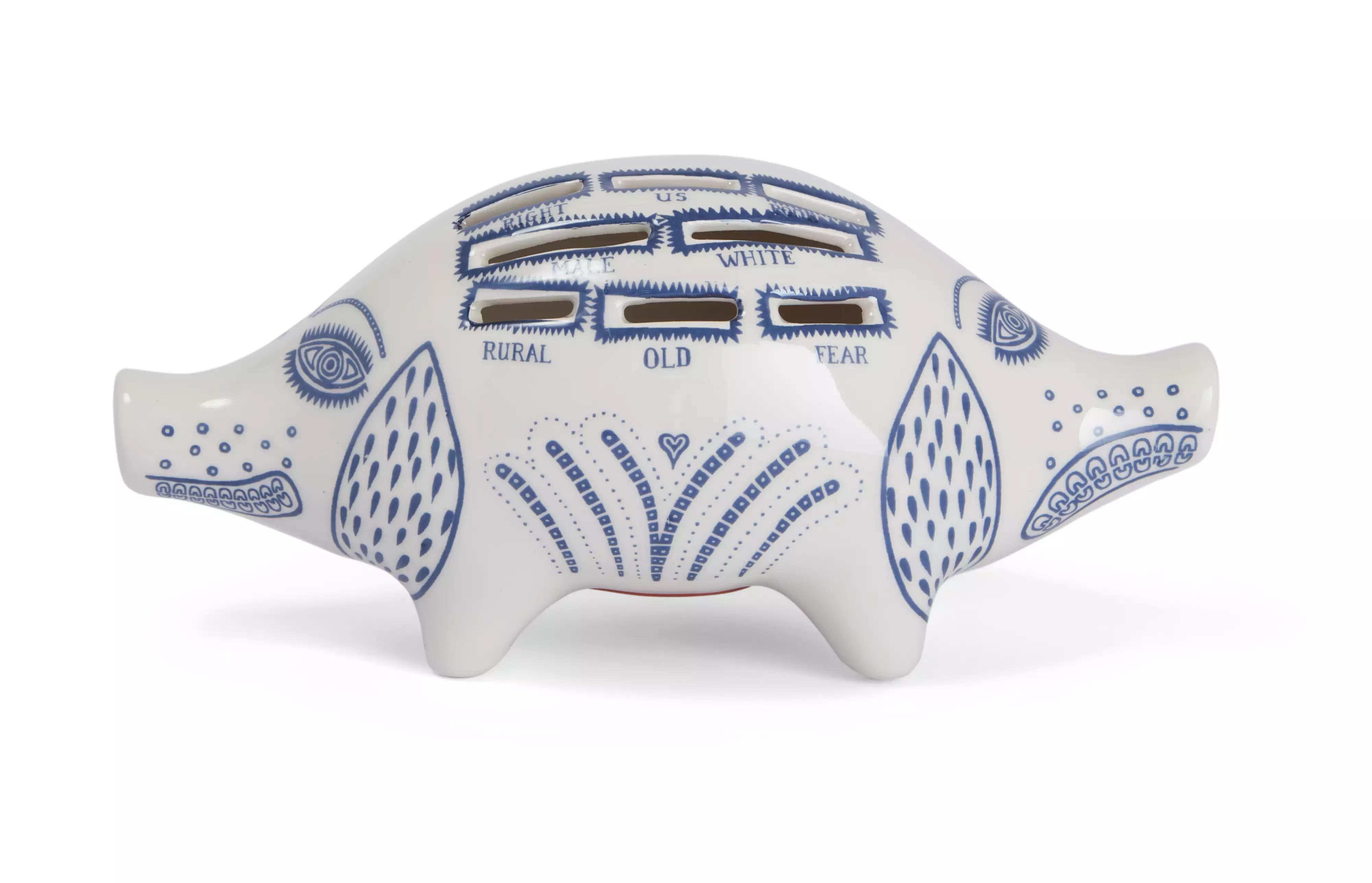 Greyson Perry, Piggy Bank, 2022

White ceramic piggy bank painted in blue and glazed, with rubber stopper Unknown edition size 
Stamped with artist's logo on the underside New. Sold with original archival box, as issued by the publisher

Produced by