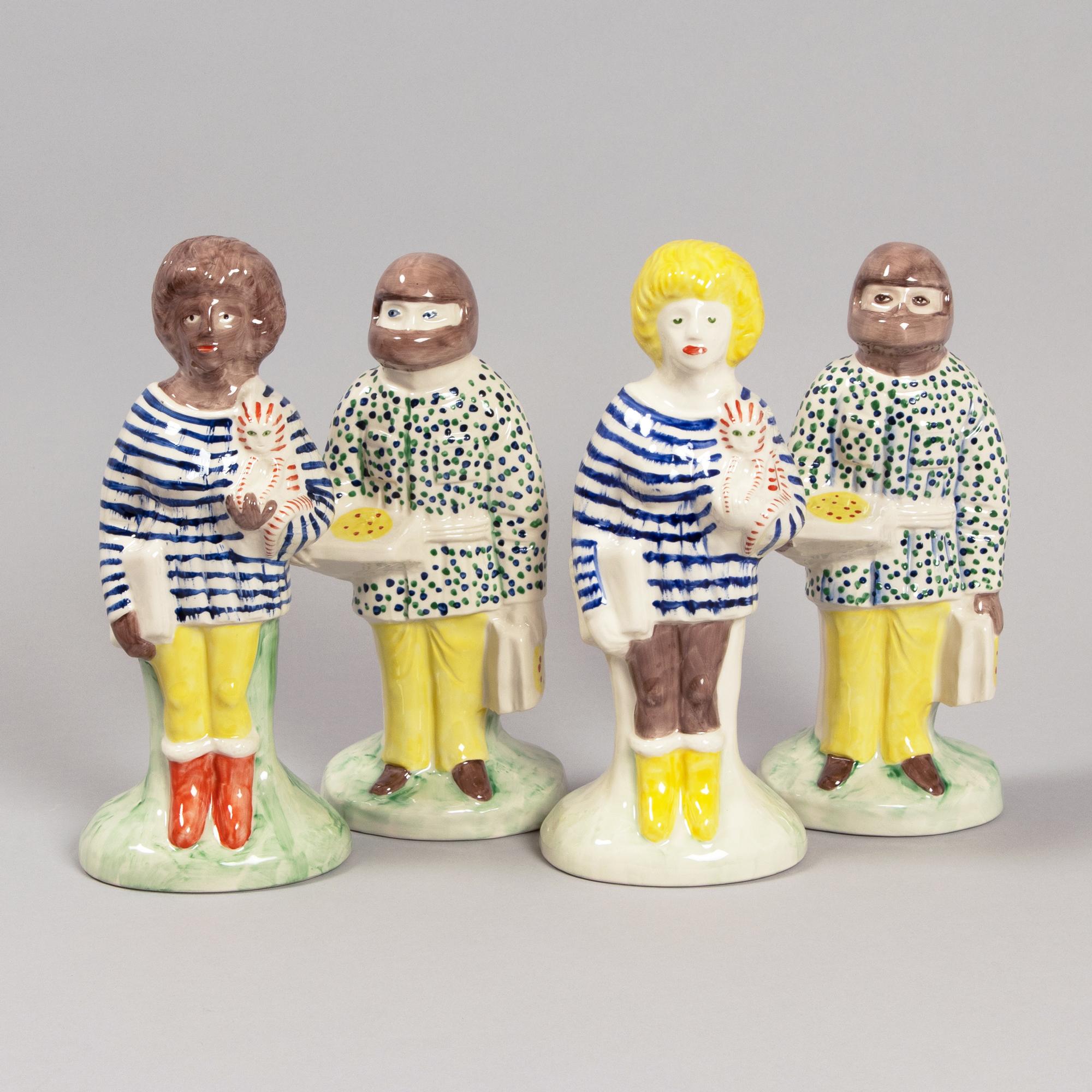 Grayson Perry (British, b. 1960)
Home Worker & Key Worker Staffordshire Figures, 2021
Medium: The complete set of four white earthenware ceramic figures painted in colours and glazed
Dimensions: each approx. 27 cm (10 5/8 in) height
From an unknown