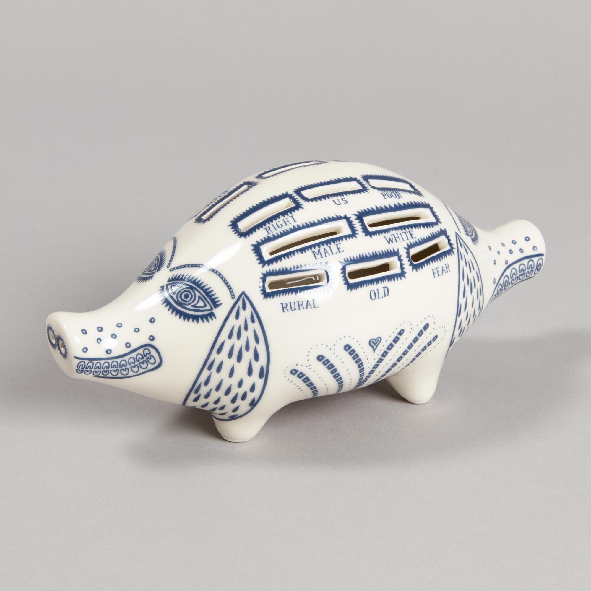 Grayson Perry (British, b. 1960)
Piggy Bank, 2017-2022
Medium: Ceramic piggy bank in blue and white with rubber stopper
Dimensions: 19 × 10 × 9 cm
Edition size: Unknown; Stamped with the artist’s logo on the underside