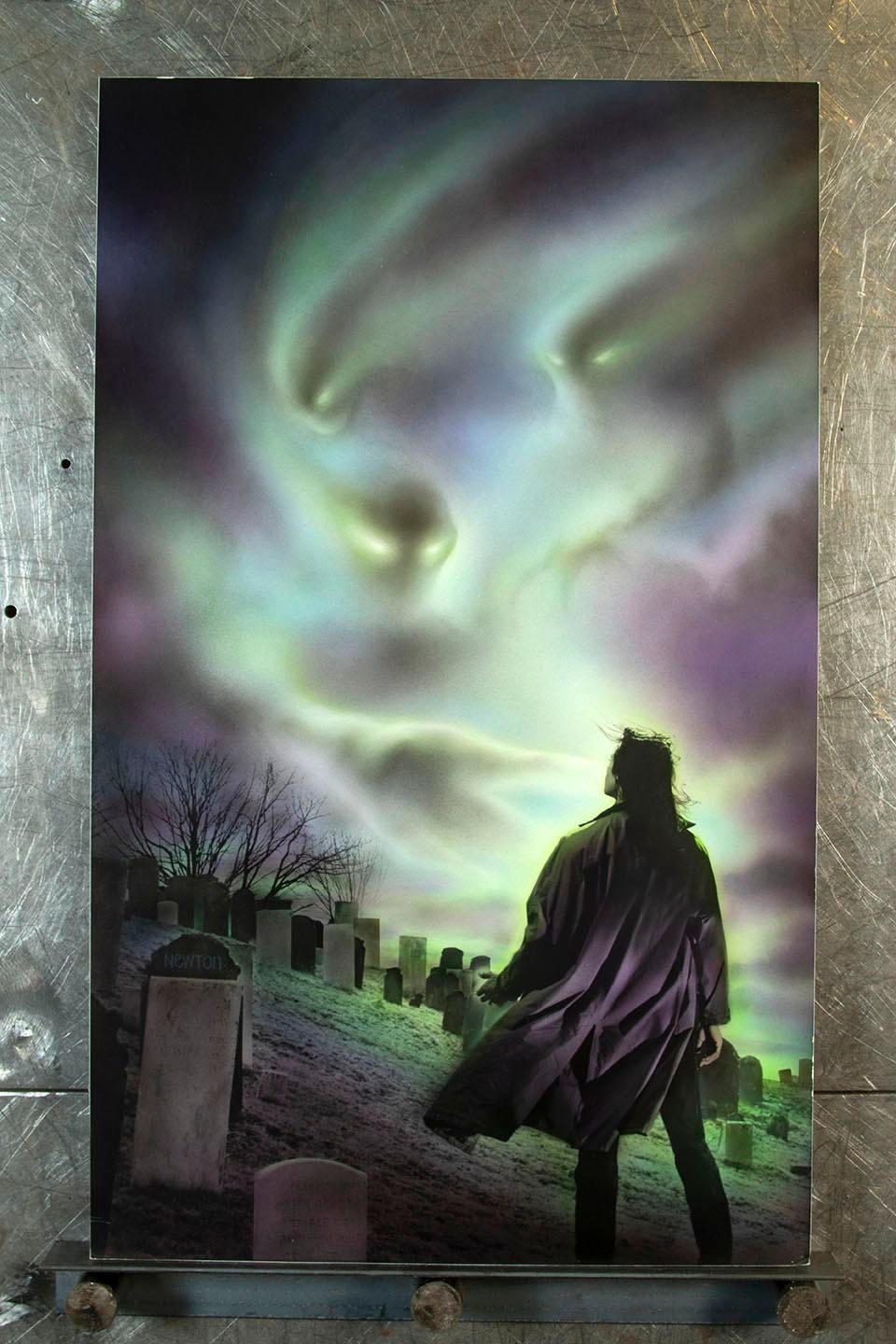 Graythings mixed media painting and original book cover.
Original mixed media airbrush, acrylic and oil painting, including original book cover.
This atmospheric cover art was created for a book by Pat Graversen about spirits from another world