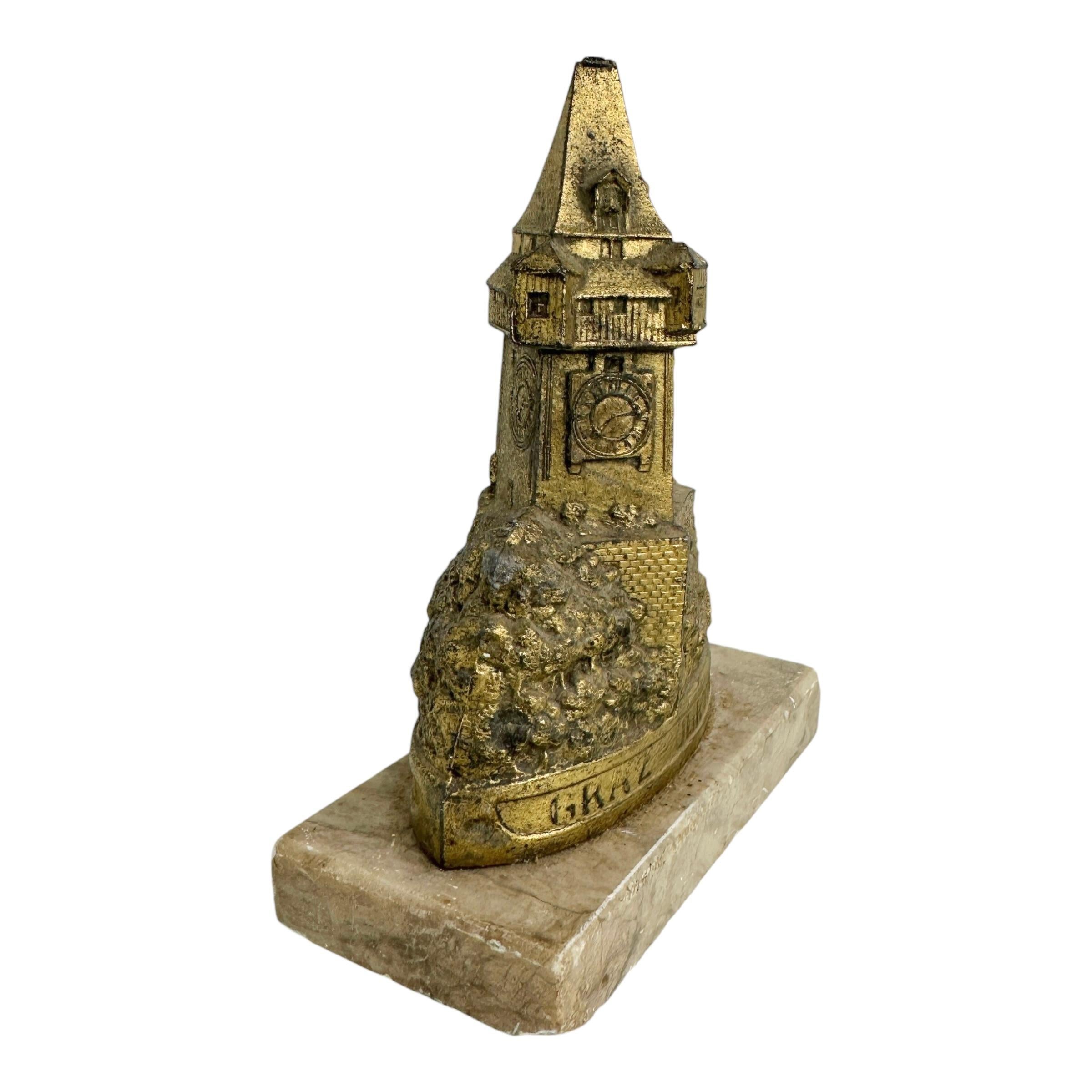 Early 20th Century Graz Clocktower 1910s Souvenir Building Metal and Marble Base antique Austria For Sale