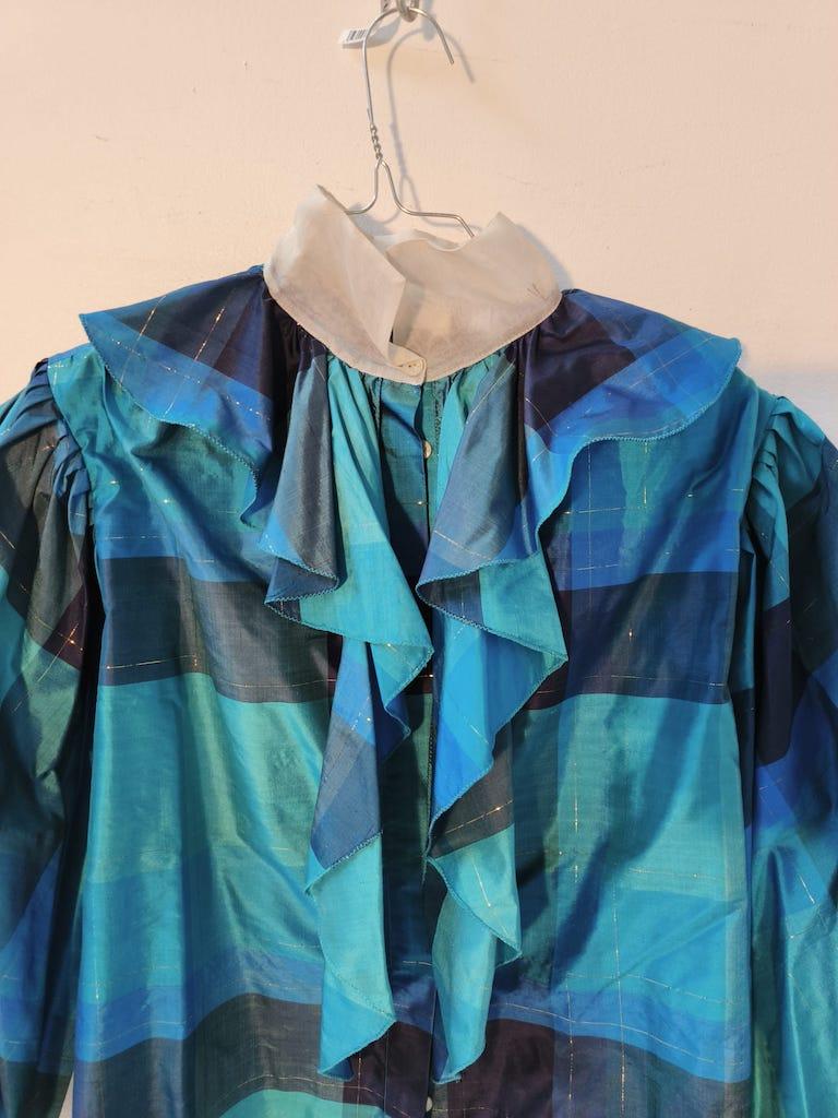 Blue Grazia Fava Milan Silk Ruffle Blouse with Organza Collar, 1970s-1980s For Sale