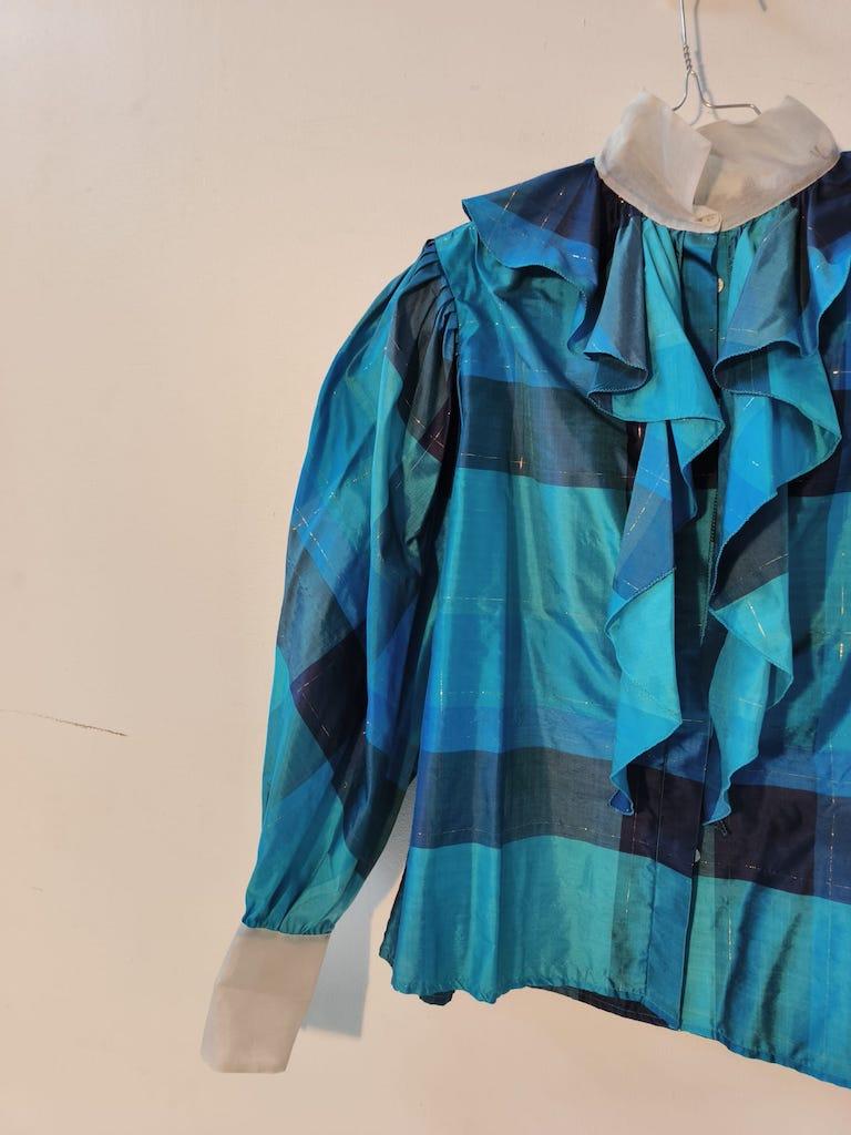 Grazia Fava Milan Silk Ruffle Blouse with Organza Collar, 1970s-1980s For Sale 1