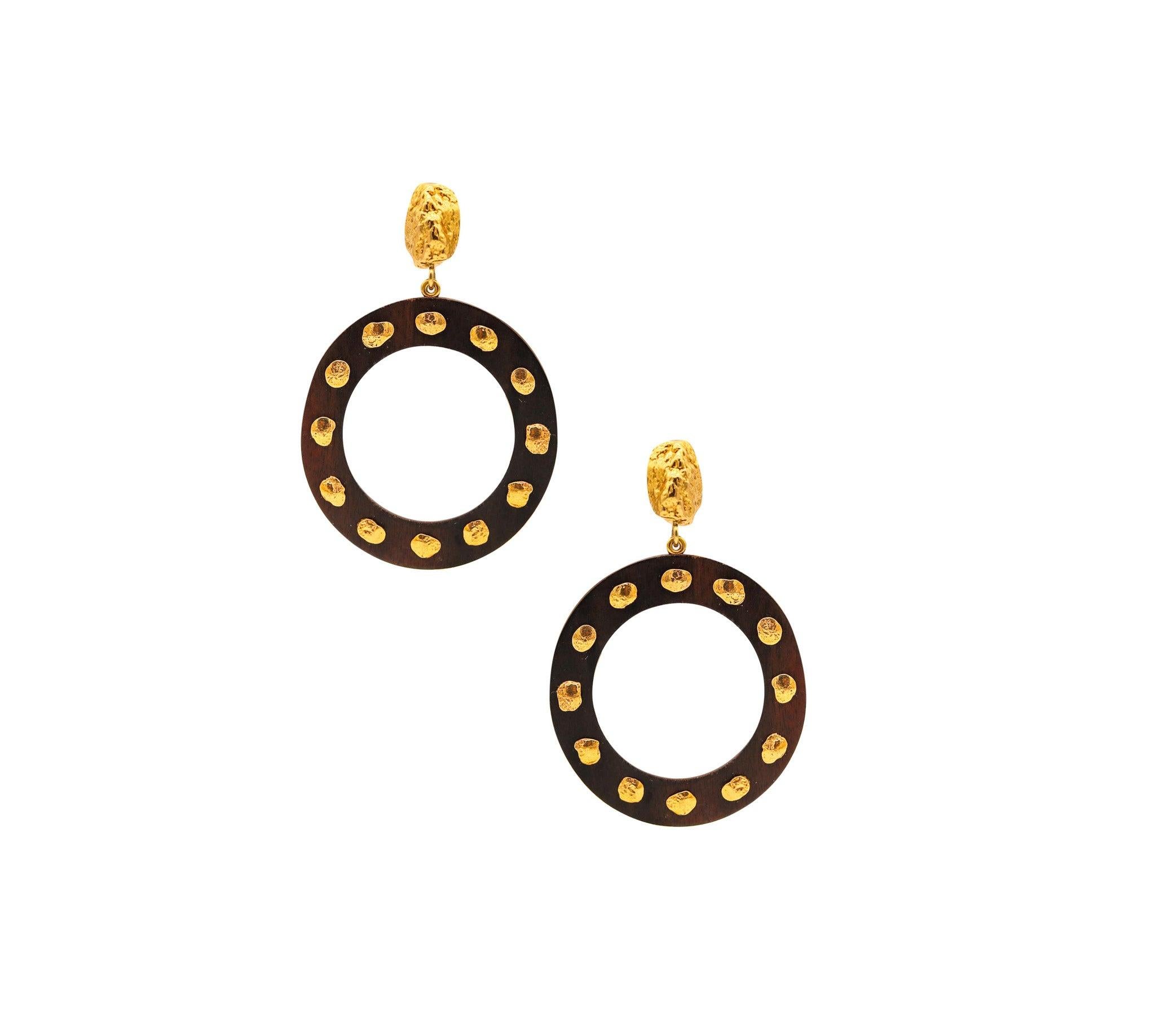 GRAZIA & MARICA VOZZA Circles Ebony-Wood Dangle Earrings In 18Kt Yellow Gold For Sale 2
