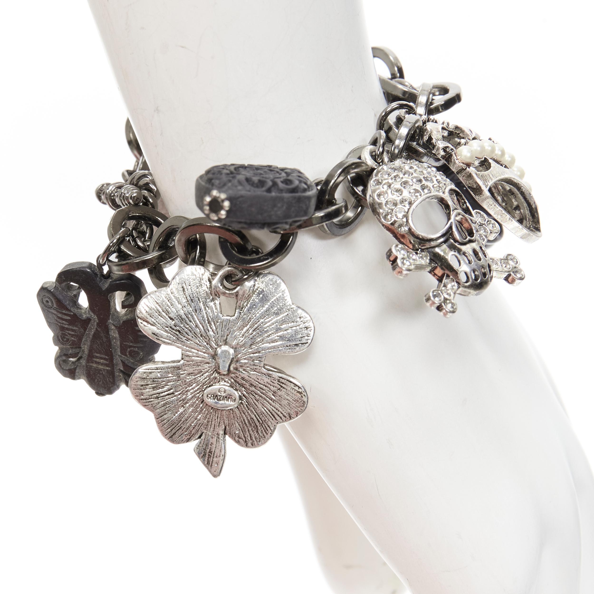 GRAZIANO black silver clover skull crown punk rock chain charm bracelet In Good Condition For Sale In Hong Kong, NT