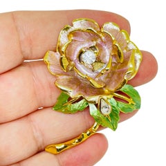 GRAZIANO England's Rose 97 vintage gold rhinestones enamel rose designer brooch