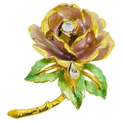 GRAZIANO England's Rose 97 vintage gold rhinestones enamel rose designer brooch