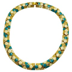 Vintage GRAZIANO signed gold plated enamel crystal designer necklace
