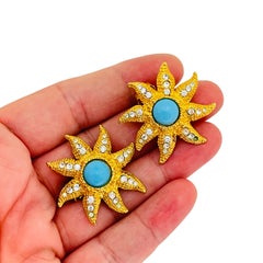GRAZIANO signed vintage gold tone faux turquoise star designer clip on earrings