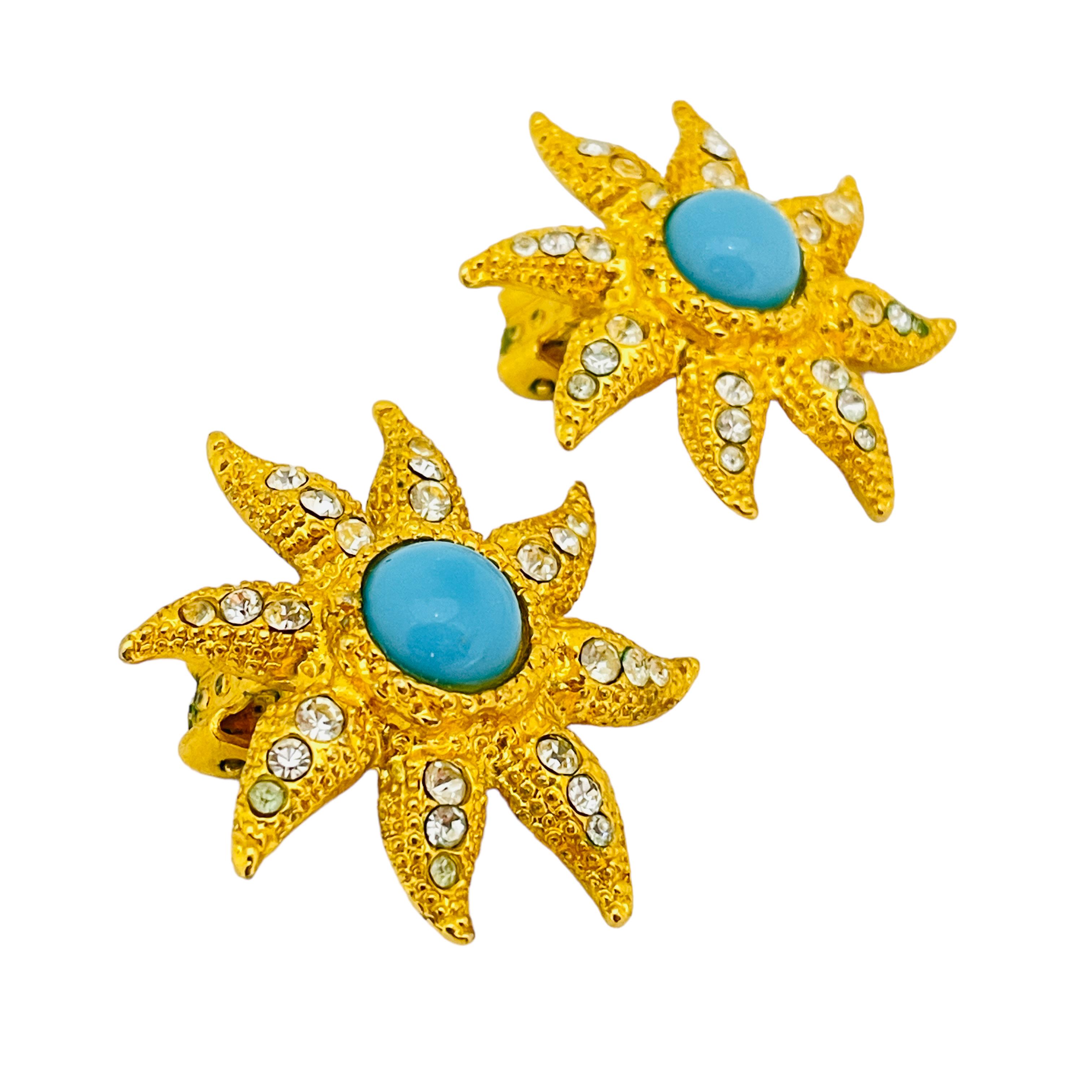 GRAZIANO signiert Vintage Gold Ton faux Türkis Stern Designer Clip auf Ohrringe für Damen oder Herren im Angebot