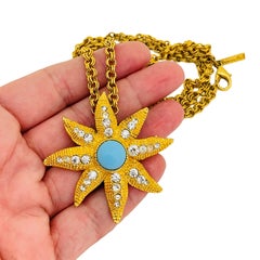 GRAZIANO signed vintage gold tone faux turquoise star designer necklace