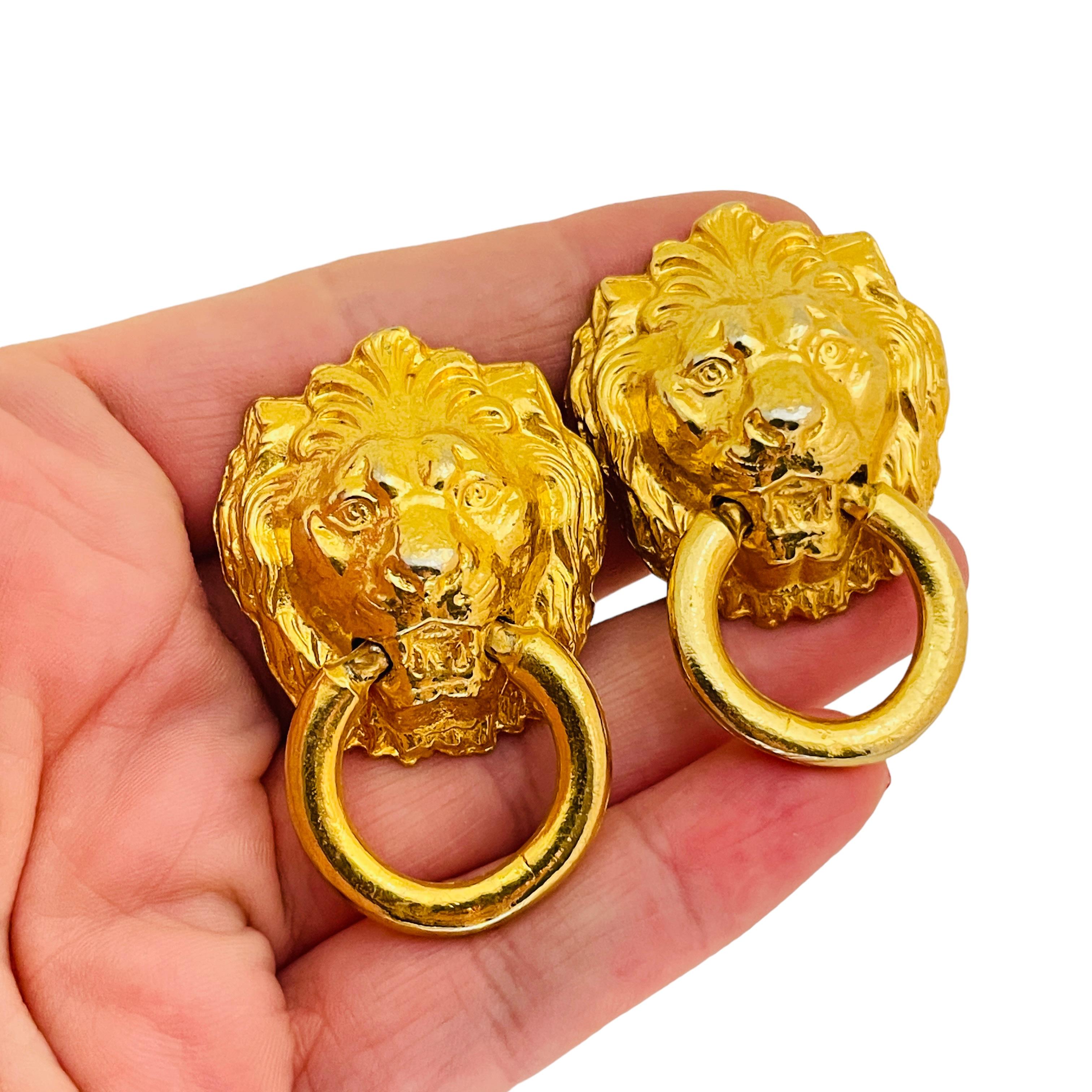 GRAZIANO signed vintage lions head door knocker designer runway clip on earrings For Sale 1