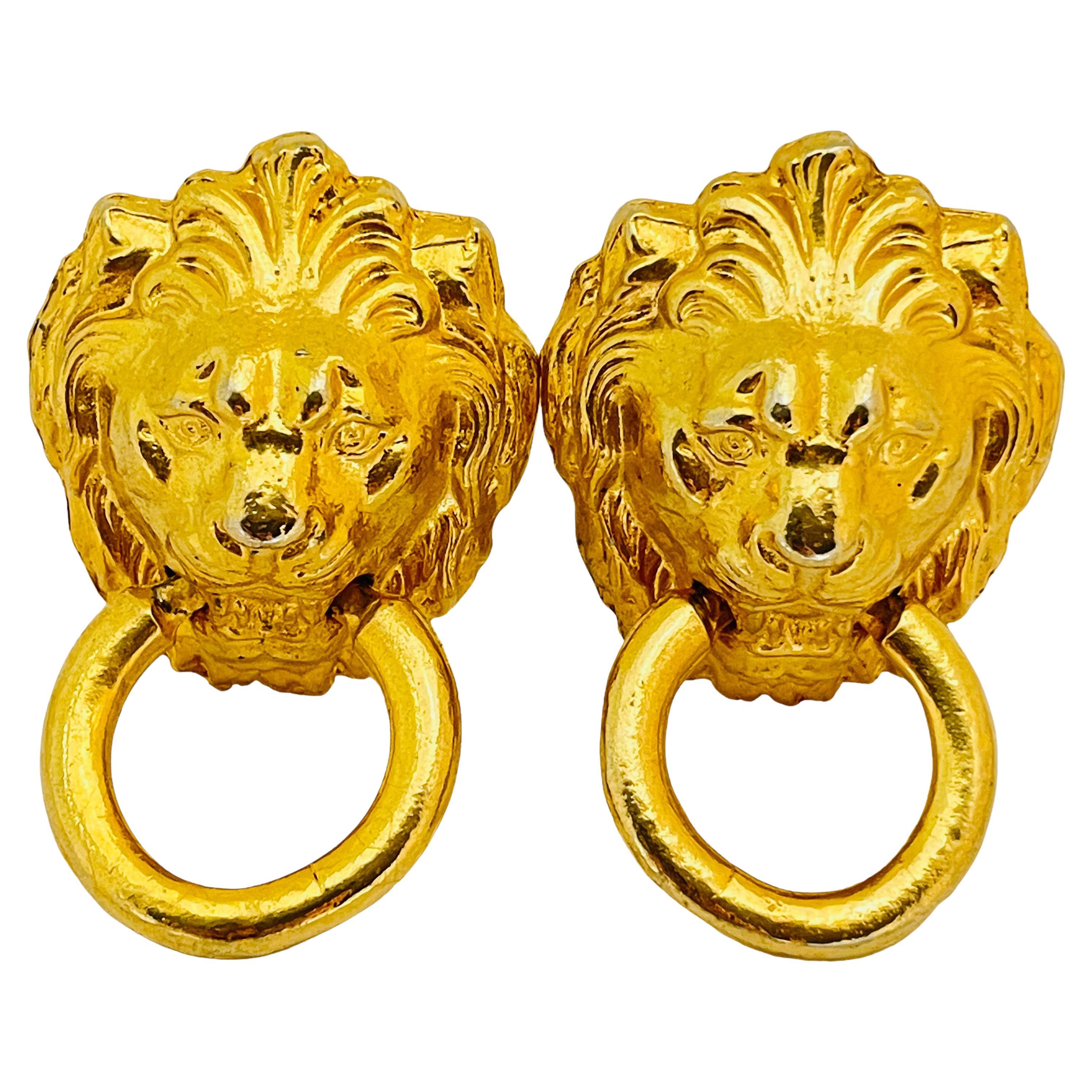 GRAZIANO signed vintage lions head door knocker designer runway clip on earrings For Sale
