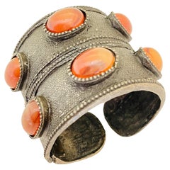 GRAZIANO signé vintage massif argenté faux cornaline bracelet manchette