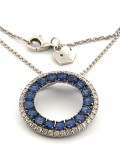 Graziela 18K White Gold Blue Round Sapphire & Diamond Circle Necklace 16"