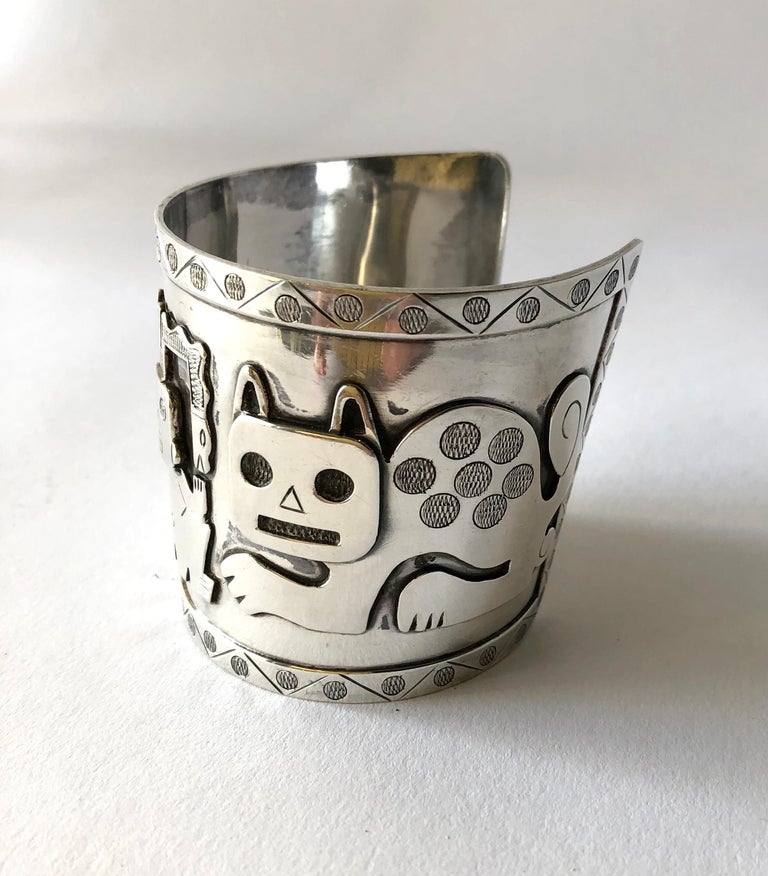 Sterling silver Peruvian cuff bracelet with Aztec cat design.  Cuff is 2 3/8