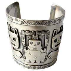 Vintage Graziella Laffi Sterling Silver Peruvian Aztec Modernist Cat Cuff Bracelet