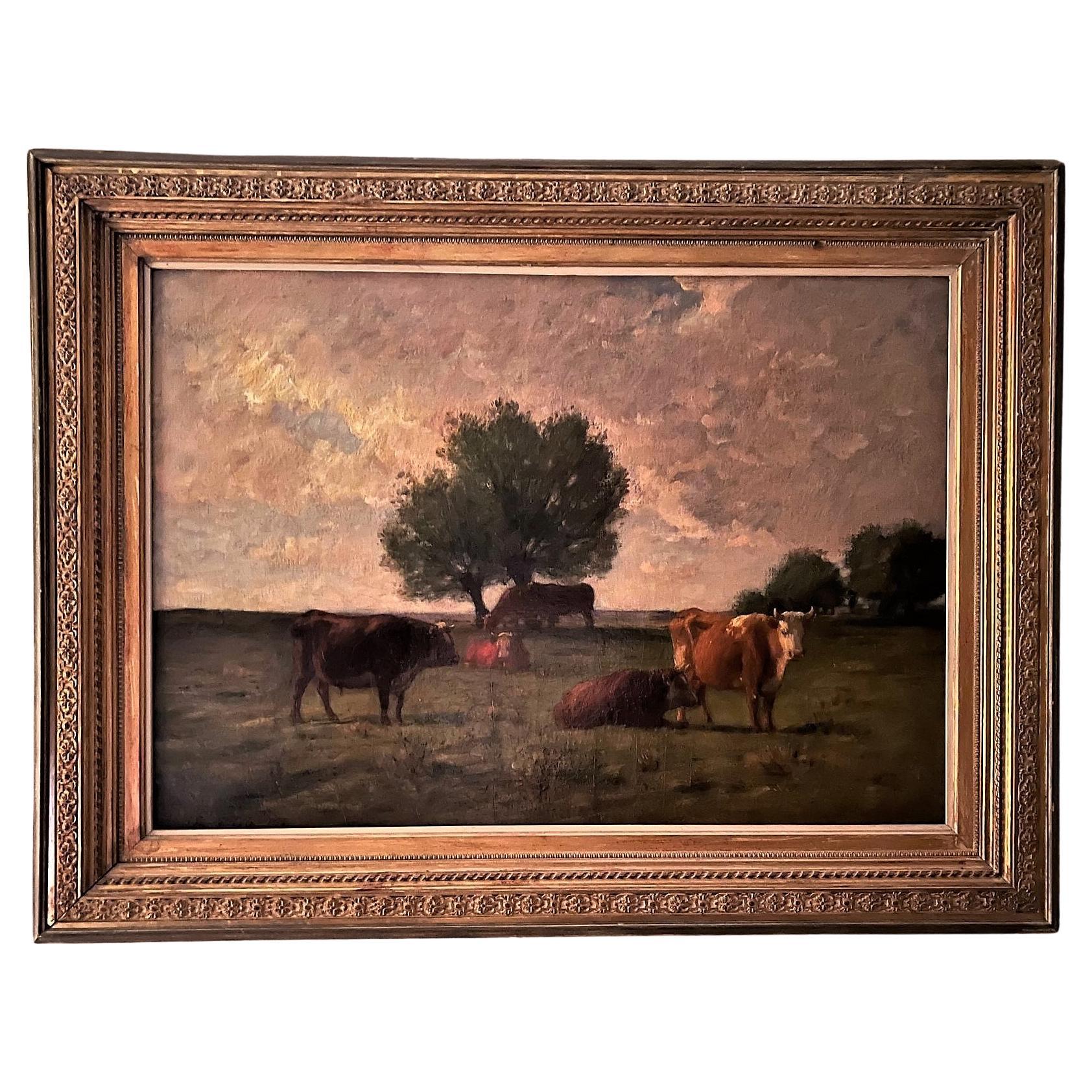 Grazing Cows, 1878, Oil on Canvas, Joseph Foxcroft Cole, American (1837-1892) For Sale