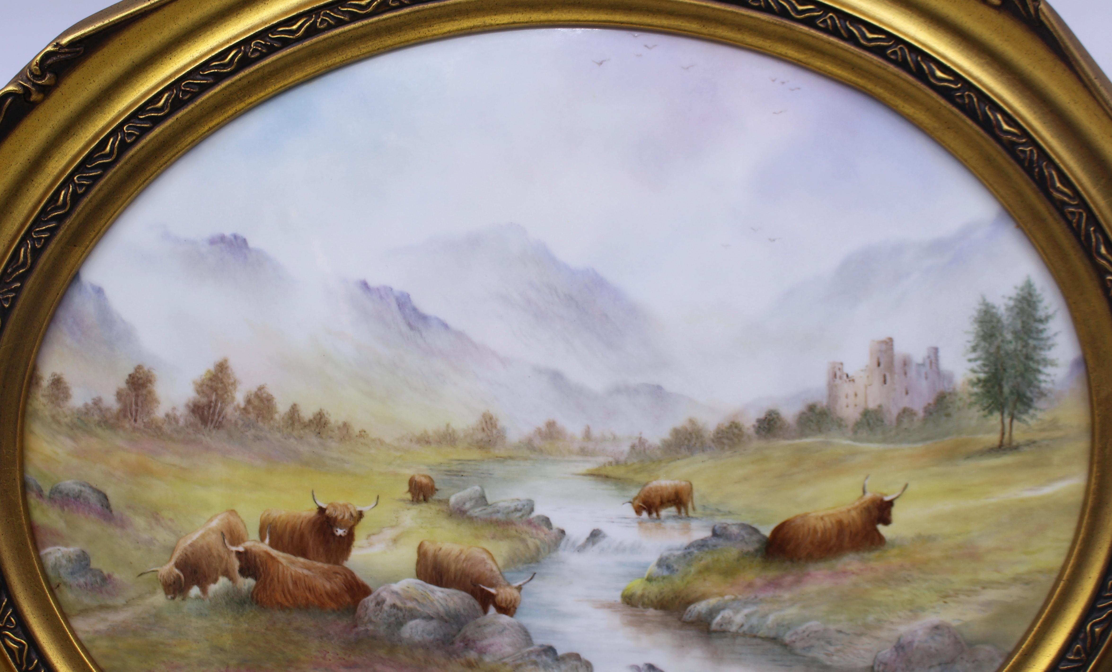 Grazing Highland Cattle Oval Porcelain Plaque by M.Powell In Good Condition For Sale In Worcester, Worcestershire