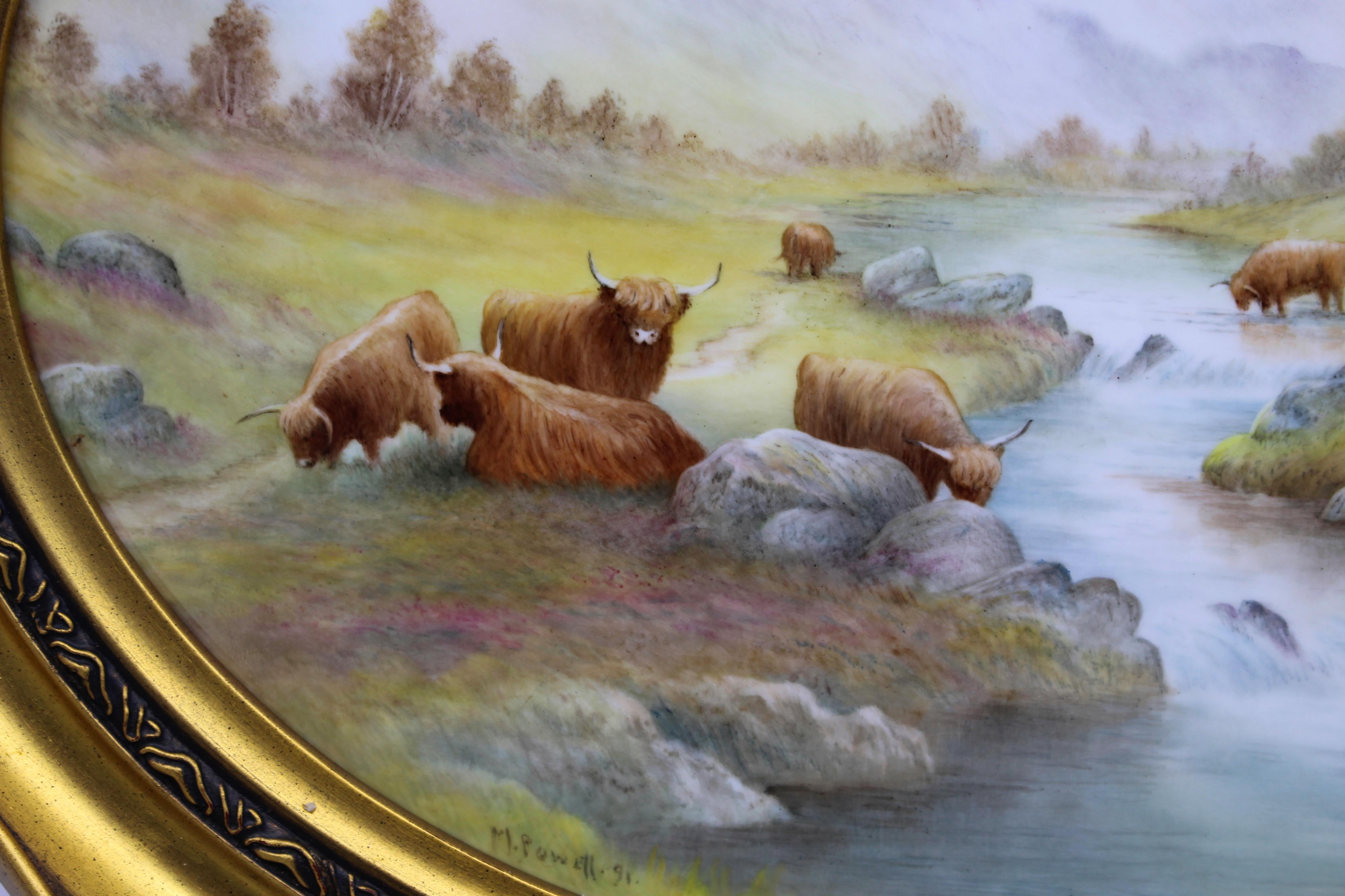 20th Century Grazing Highland Cattle Oval Porcelain Plaque by M.Powell For Sale