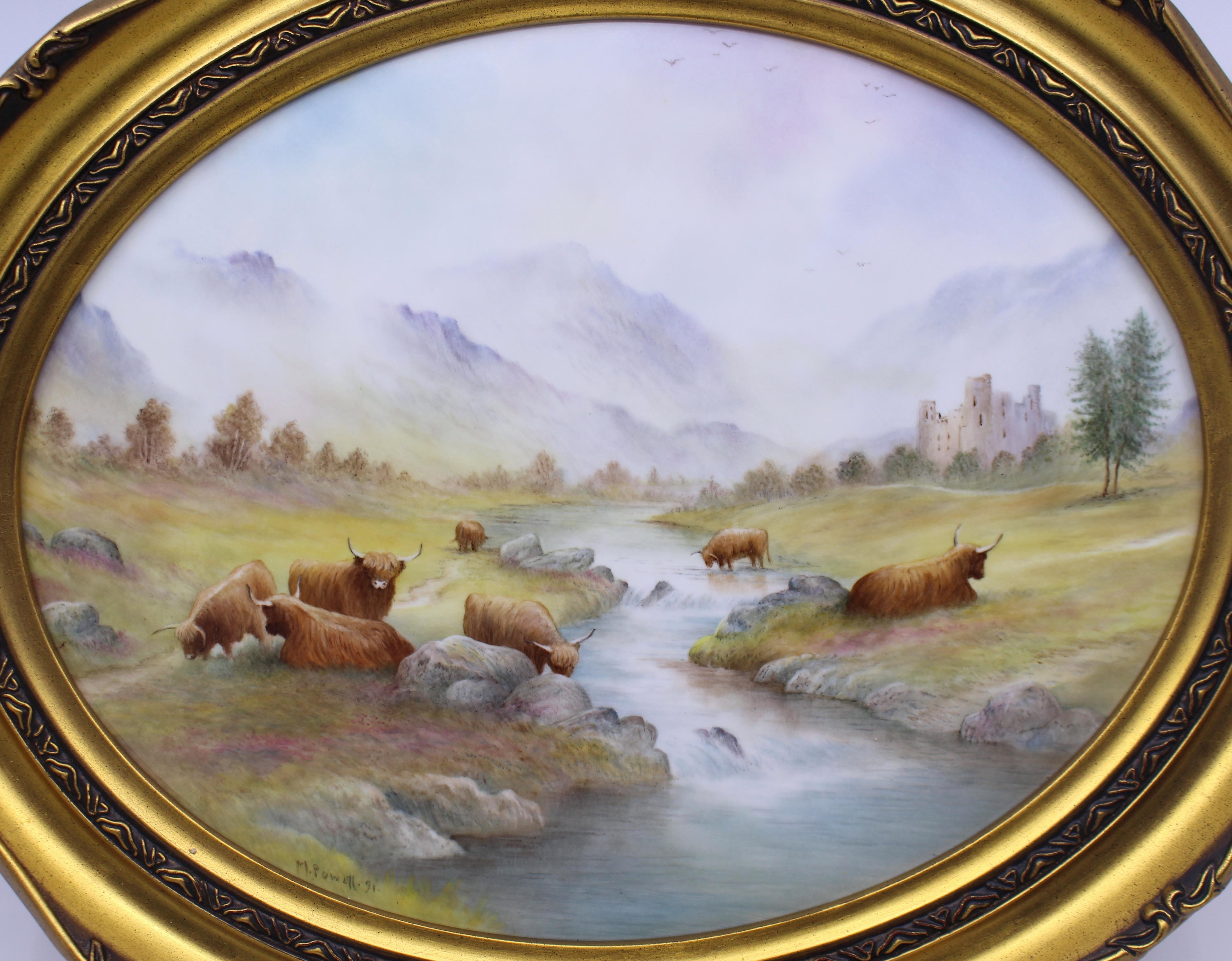 Grazing Highland Cattle Oval Porcelain Plaque by M.Powell For Sale 1