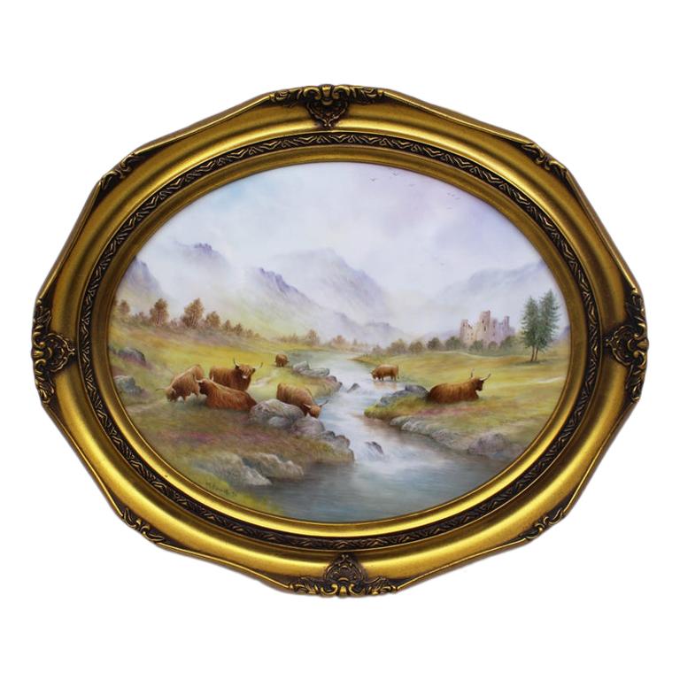 Grazing Highland Cattle Oval Porcelain Plaque by M.Powell For Sale