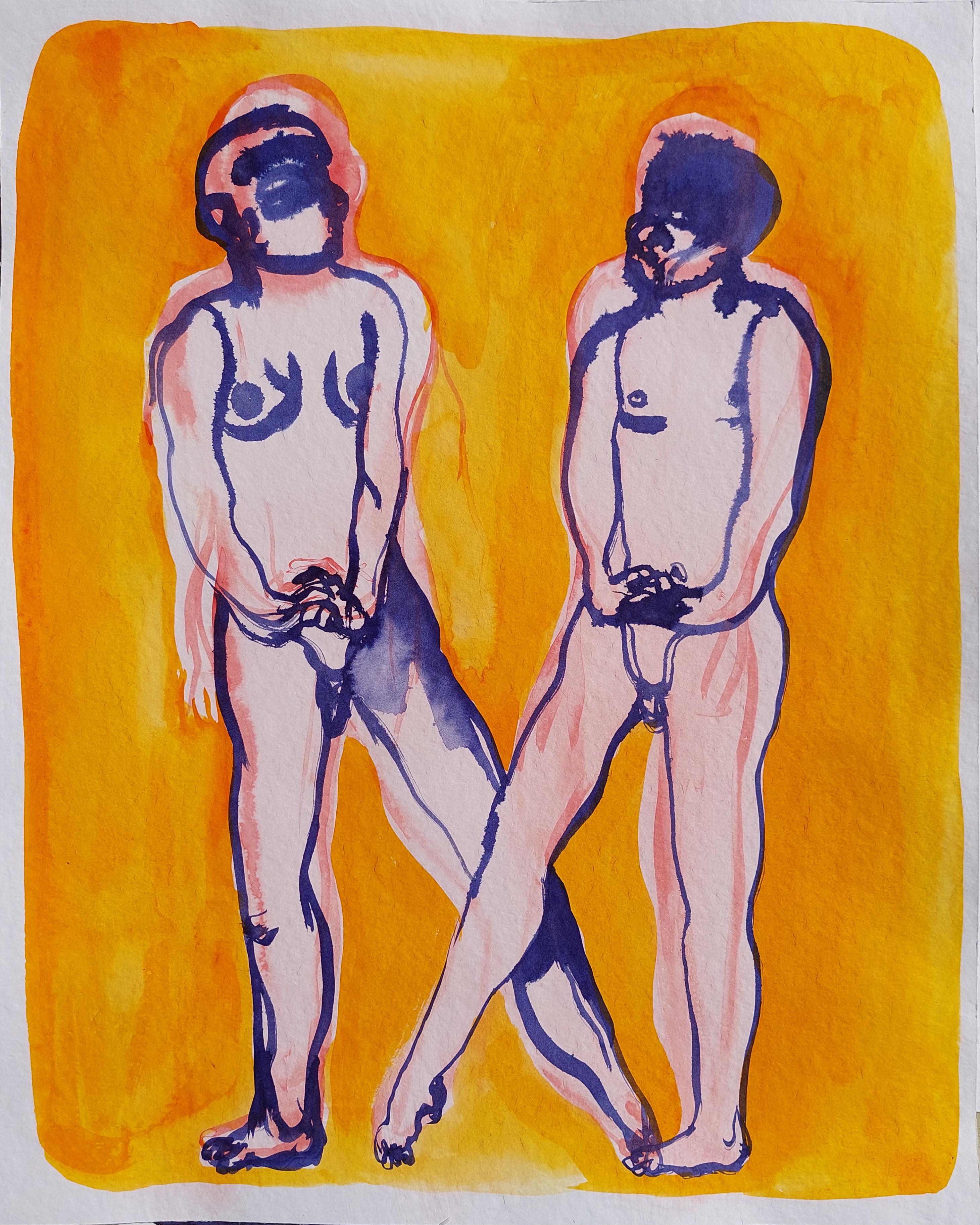 Grazyna Rigall Nude Painting - Mr and Mrs, Naked Couple - Contemporary Figurative Ink  Painting, New Expression