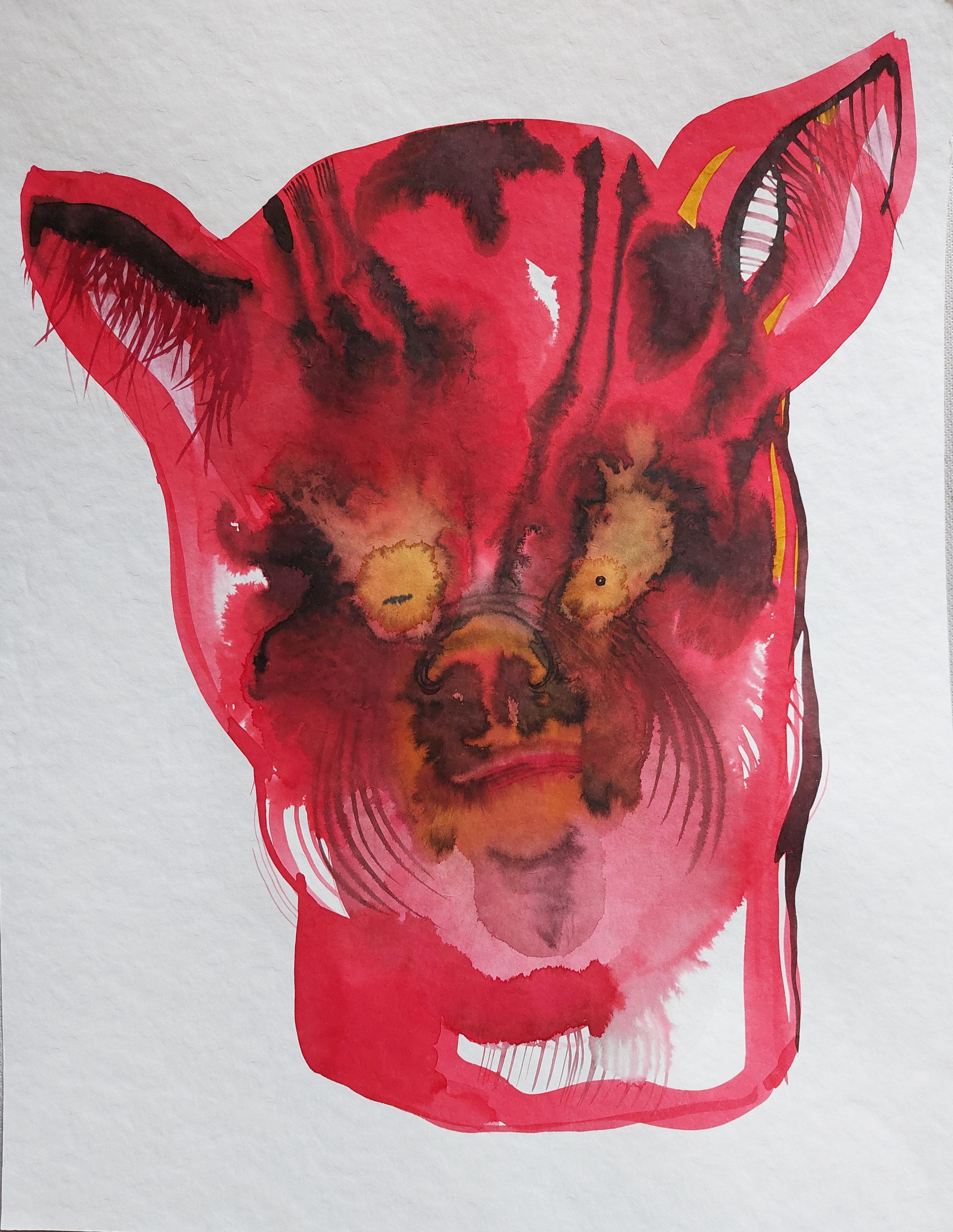 Grazyna Rigall Figurative Art - Pig Face -  Contemporary Ink Ecoline Painting, New Expression