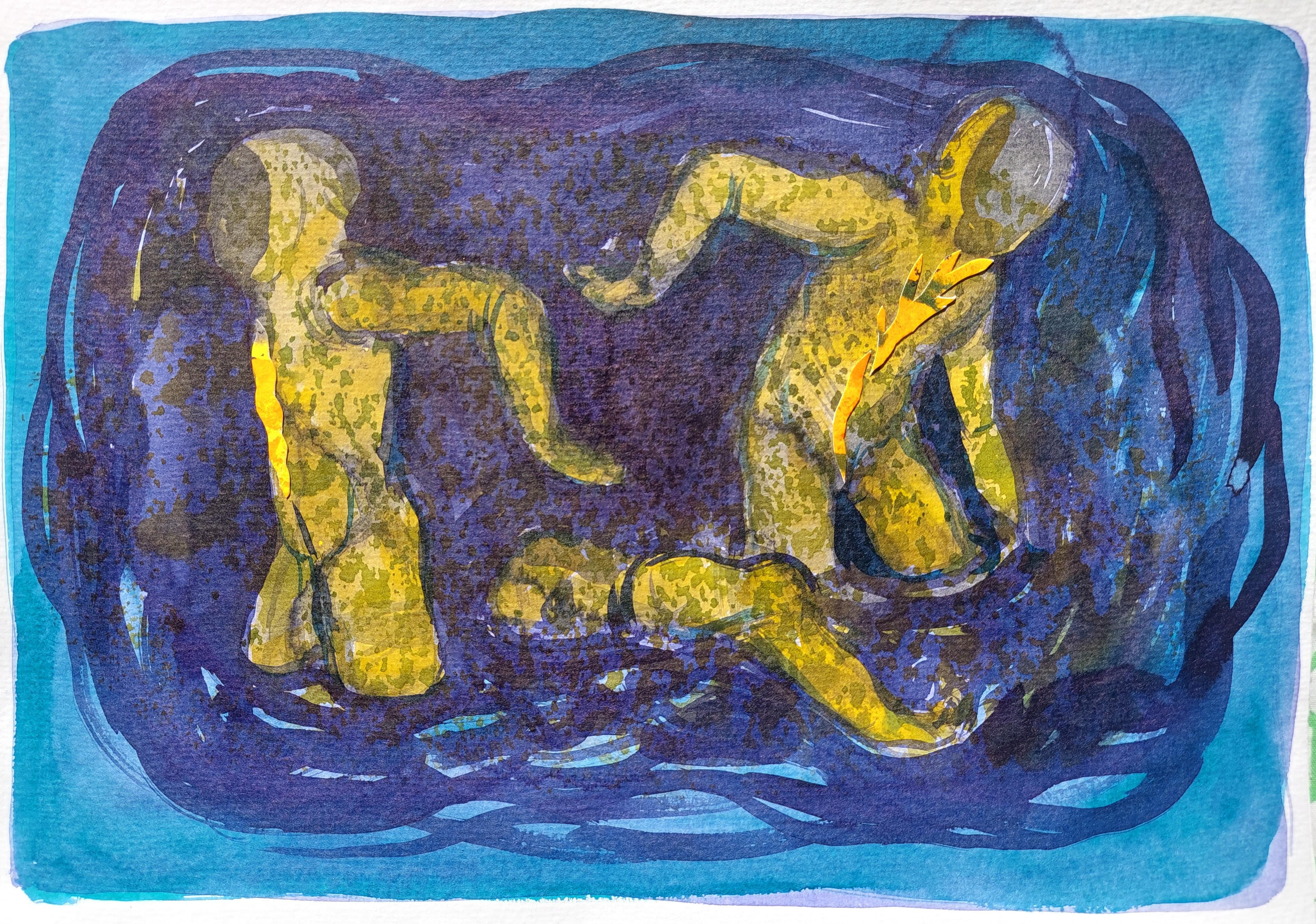 Nude Grazyna Rigall - Searchers In The Water - Peinture à l'encre figurative contemporaine, Nouvelle Expression
