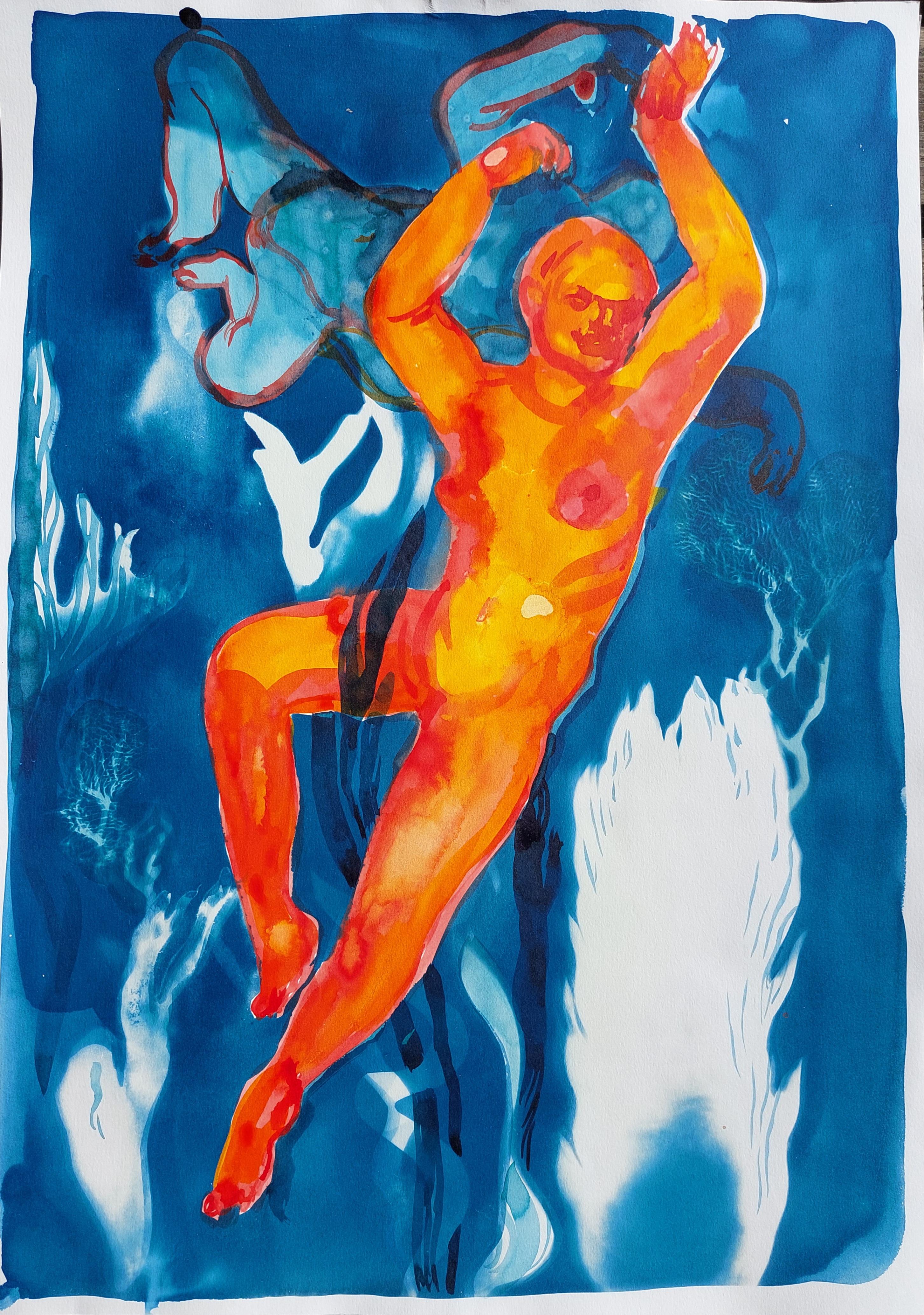 Grazyna Rigall Nude Painting - Untitled  - An Orange Figure In The Water,  Ink and Cyanotype - New Expression