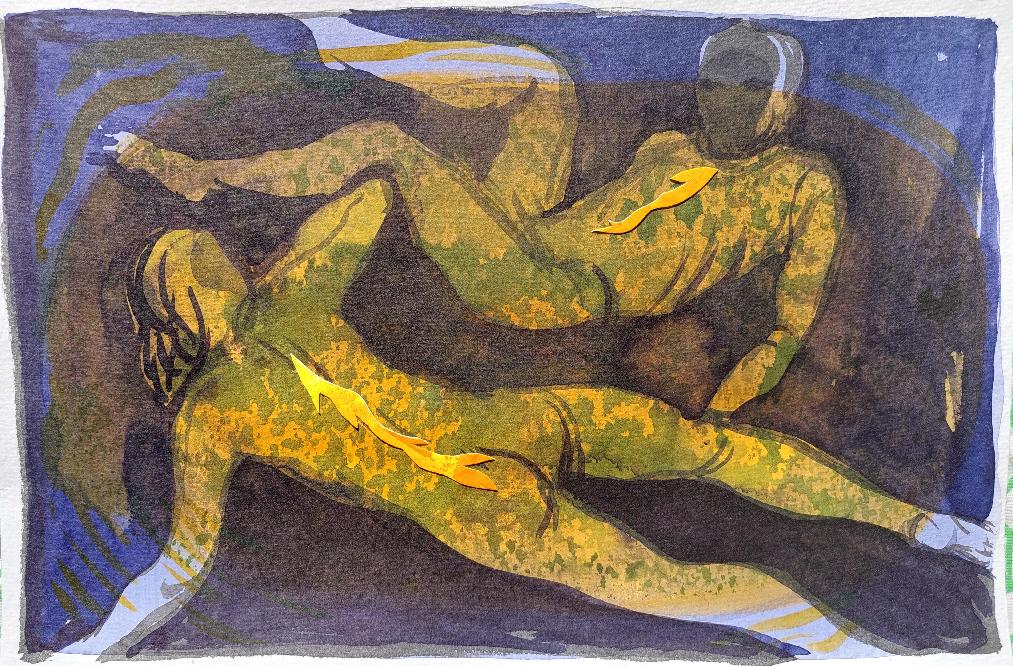 Nude Grazyna Rigall - Vortex, Couple d'amoureux - Peinture à l'encre figurative contemporaine, Nouvelle expression