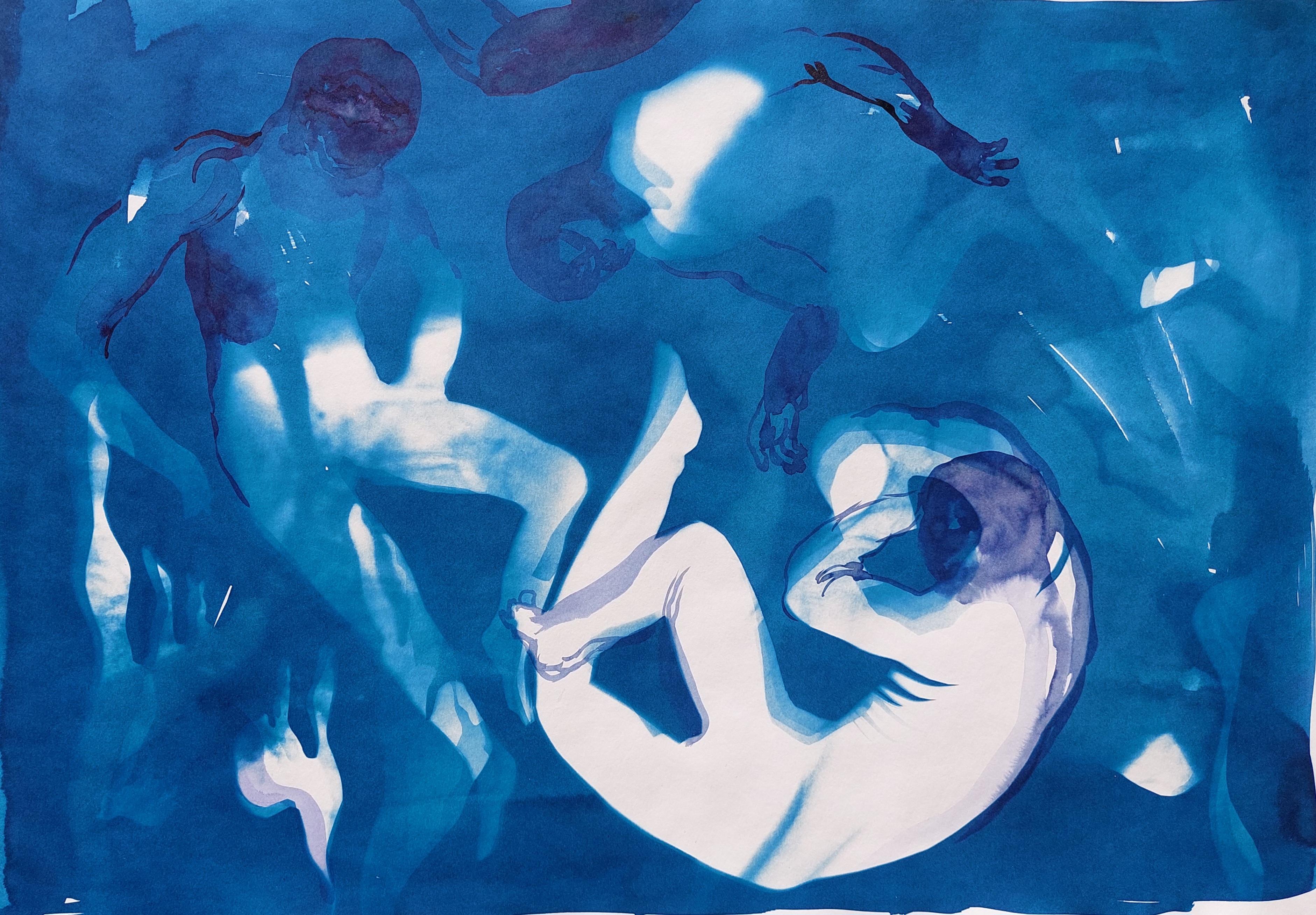 Grazyna Rigall Figurative Art - Water Love -  Figurative Ink and Cyanotype Painting - New Expression