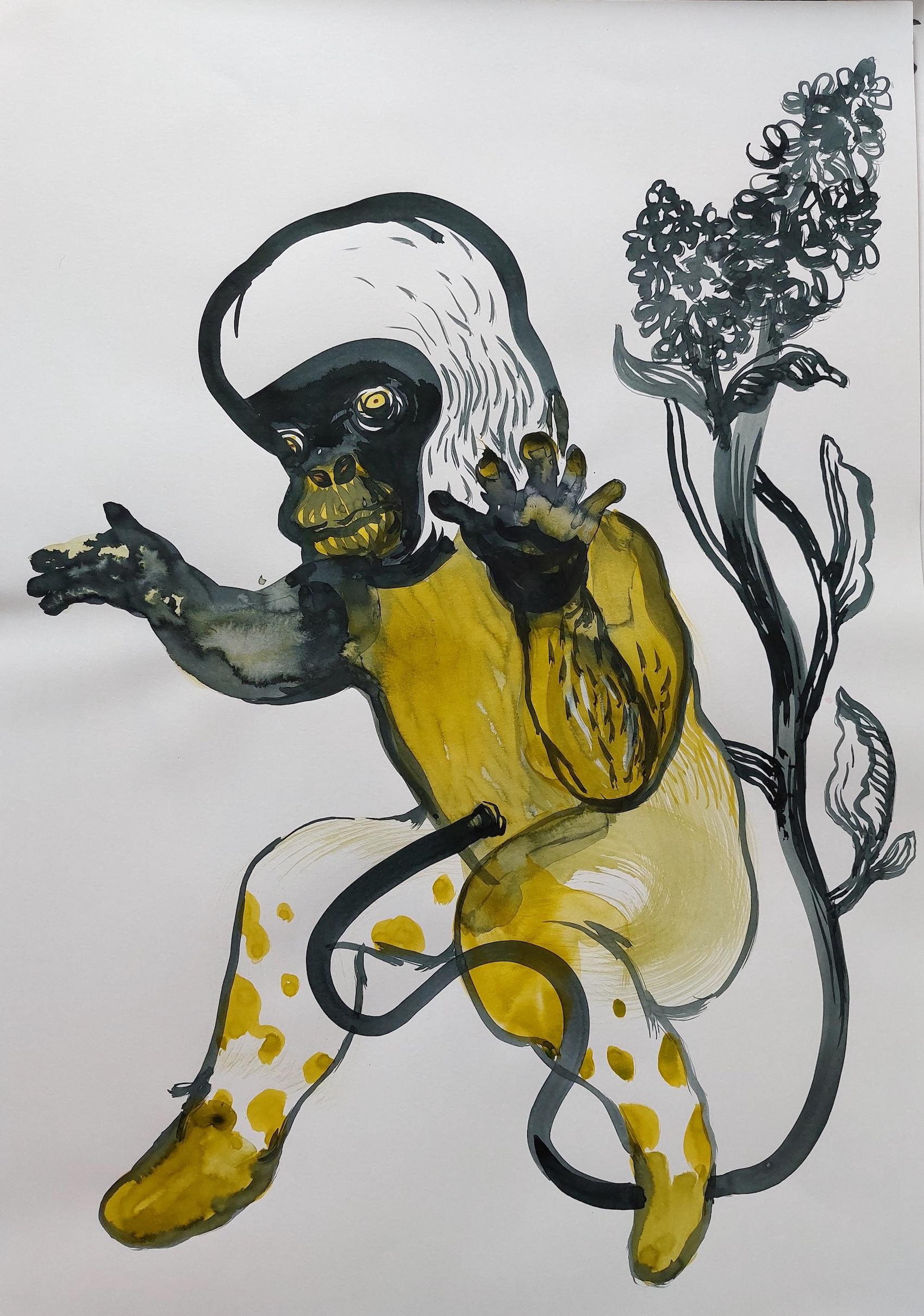 Grazyna Rigall Animal Painting - Yellow-Black Monkey - Figurative Ink Ecoline Painting, New Expression