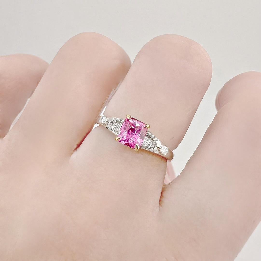 Brilliant Cut GRC Certified 0.74 CT Padparadscha Sapphire 18K White Gold Ring with Diamonds For Sale