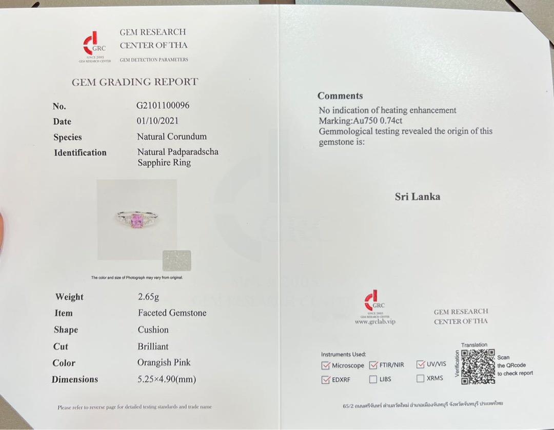 GRC Certified 0.74 CT Padparadscha Sapphire 18K White Gold Ring with Diamonds In New Condition For Sale In Kowloon, HK