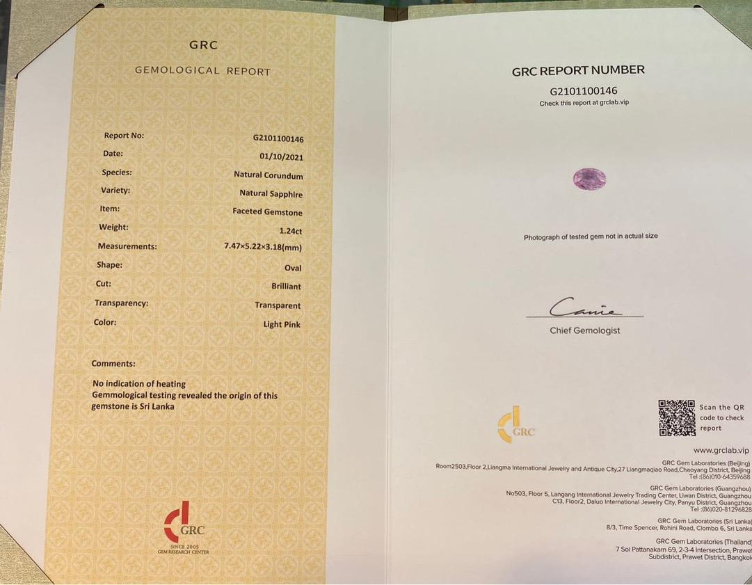 GRC Certified 1.24 CT Unheated Pink Sapphire Diamond Ring In New Condition In Kowloon, HK