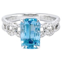 GRC Certified 1.70 CT Aquamarine 18K Gold Ring with Diamonds