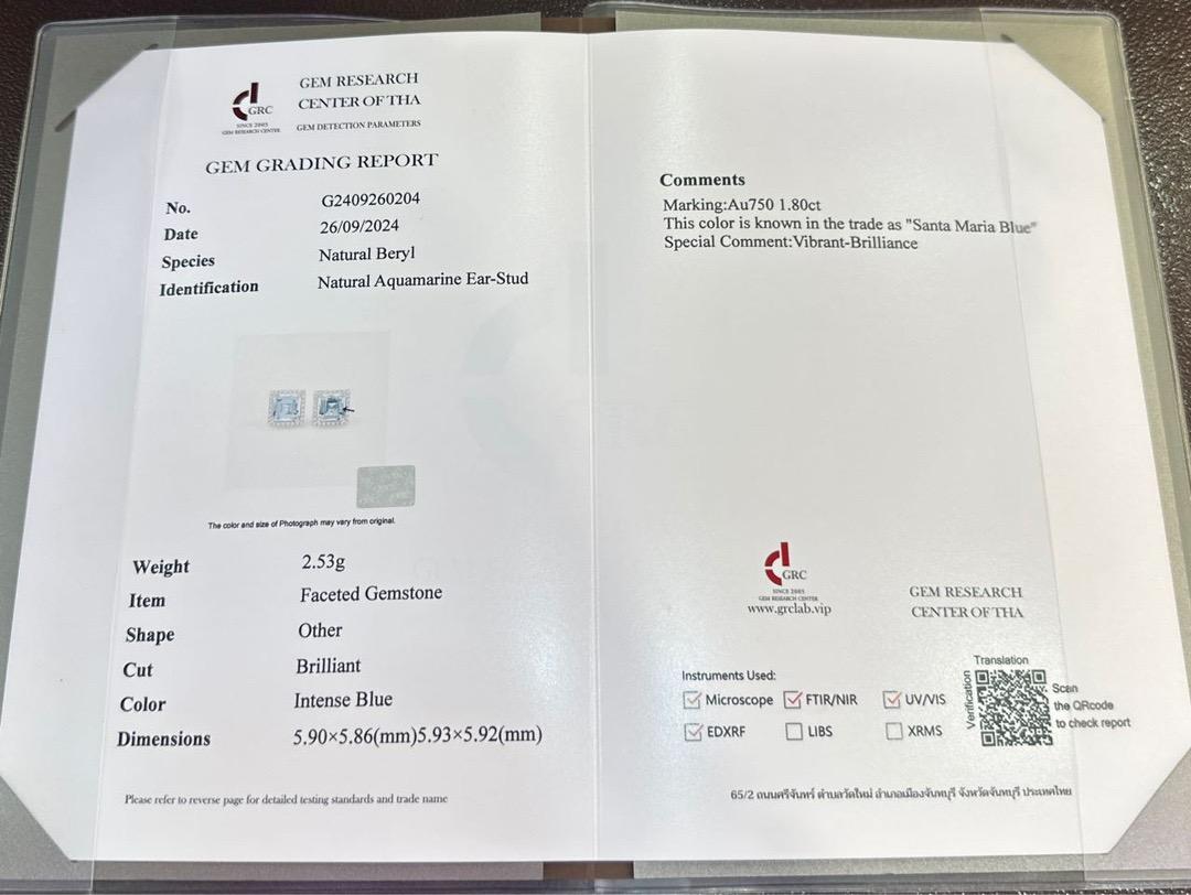 GRC Certified 1.80 CT Intense Blue Aquamarine & Diamond Stud Earrings In New Condition For Sale In Kowloon, HK