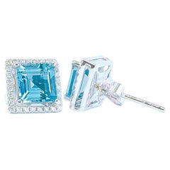 GRC Certified 1.80 CT Intense Blue Aquamarine & Diamond Stud Earrings