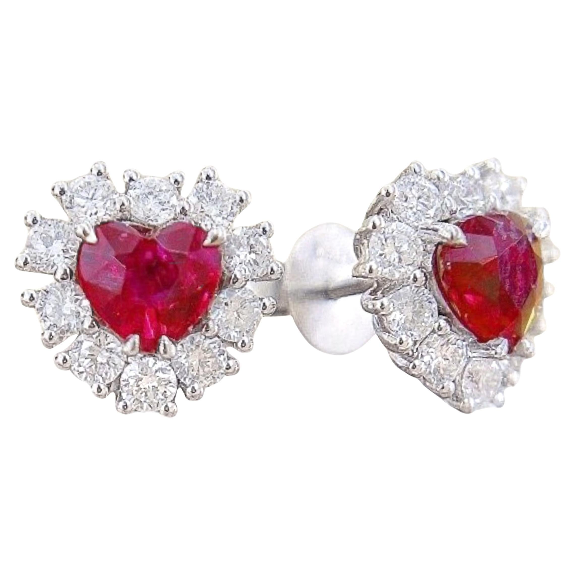Pendientes de oro blanco de 18 quilates con diamantes y rubí talla corazón certificado GRC en venta