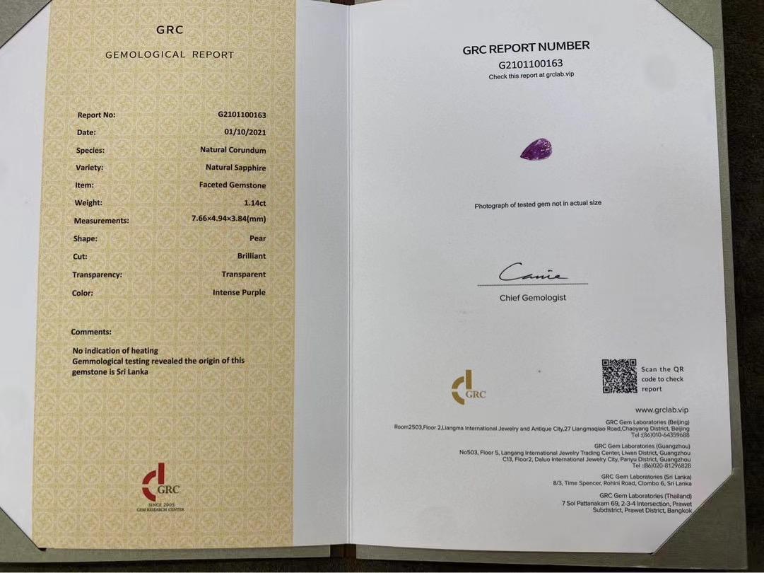 GRC zertifizierter 1,14 Karat unerhitzter lila Saphir Diamantring mit drei Steinen im Zustand „Neu“ im Angebot in Kowloon, HK